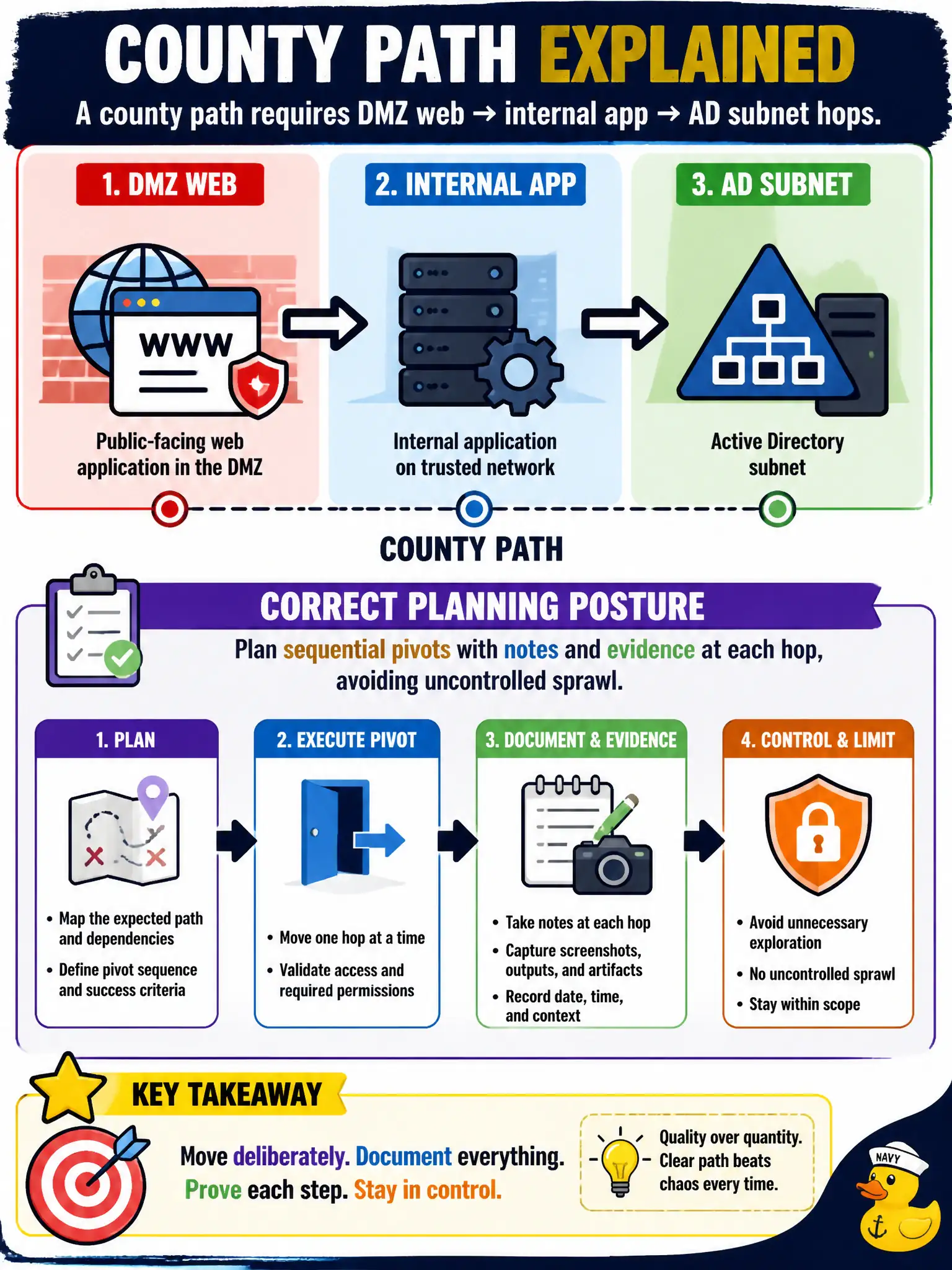 To Create an exciting colorful infographic that explains the concepts in the question: Question: A county path requires DMZ web → internal app → AD subnet hops. What planning posture should the tester take? Correct Answer: Plan sequential pivots with notes and evidence at each hop, avoiding uncontrolled sprawl. Put EVERY visible label in double quotes. No people. No A/B/C/D letters. In one of the four corners put a little "Navy Duck".