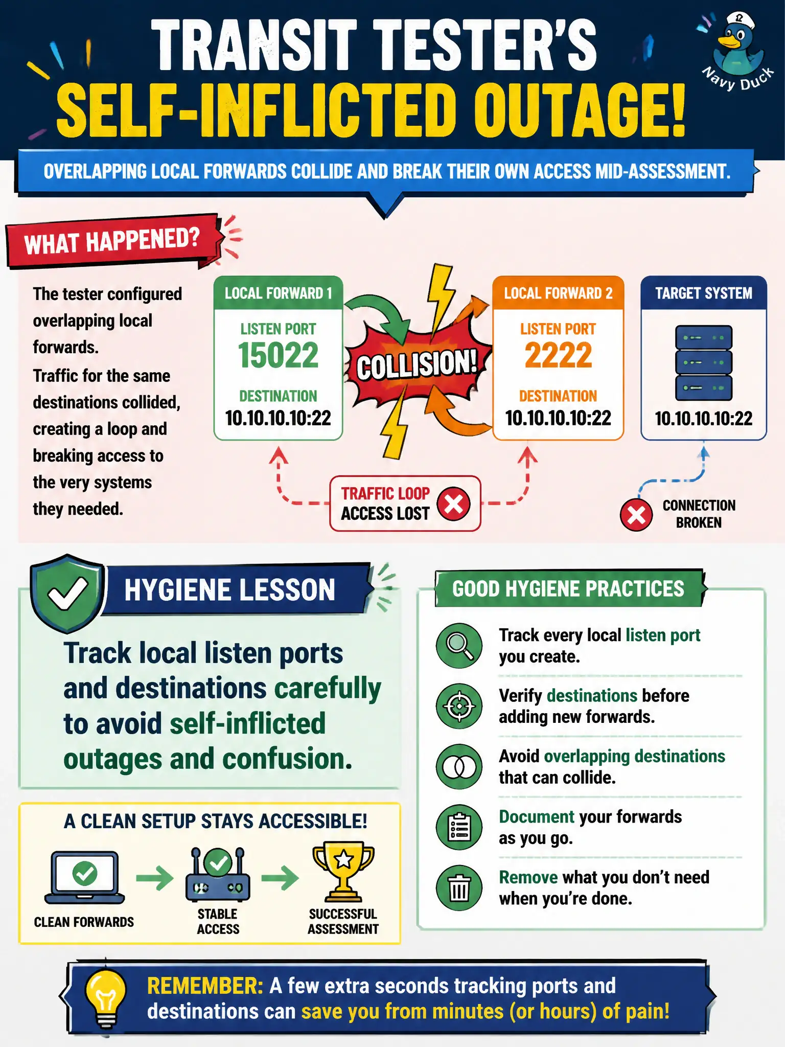 To Create an exciting colorful infographic that explains the concepts in the question: Question: A transit tester’s overlapping local forwards collide and break their own access mid-assessment. What hygiene lesson applies? Correct Answer: Track local listen ports and destinations carefully to avoid self-inflicted outages and confusion. Put EVERY visible label in double quotes. No people. No A/B/C/D letters. In one of the four corners put a little "Navy Duck".