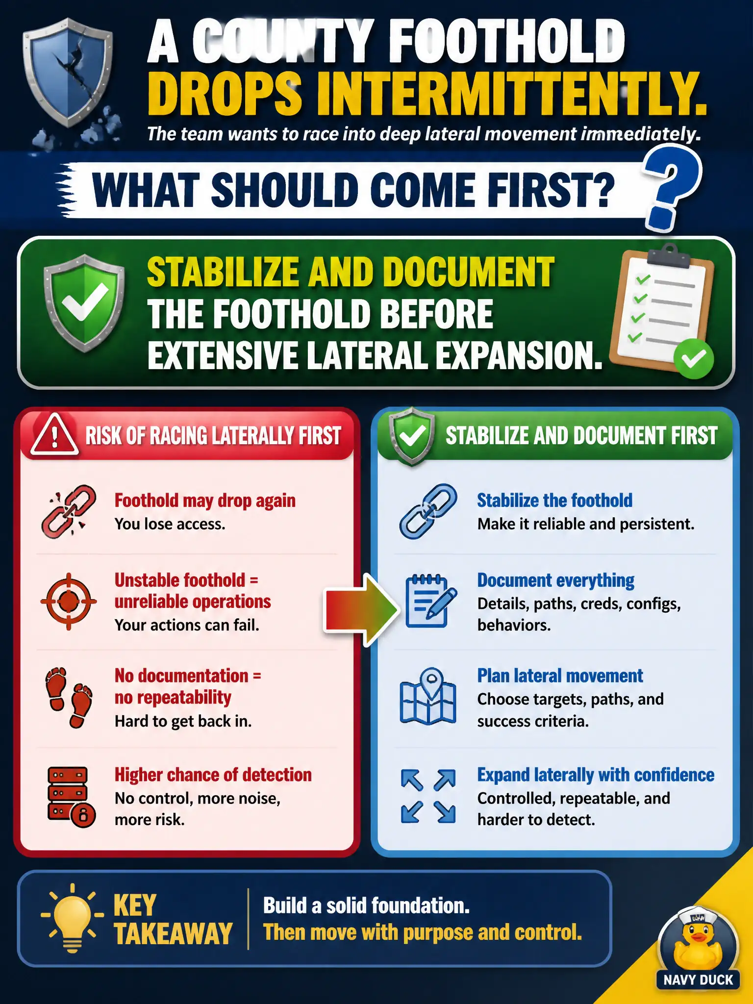 To Create an exciting colorful infographic that explains the concepts in the question: Question: A county foothold drops intermittently. The team wants to race into deep lateral movement immediately. What should come first? Correct Answer: Stabilize and document the foothold before extensive lateral expansion. Put EVERY visible label in double quotes. No people. No A/B/C/D letters. In one of the four corners put a little "Navy Duck".