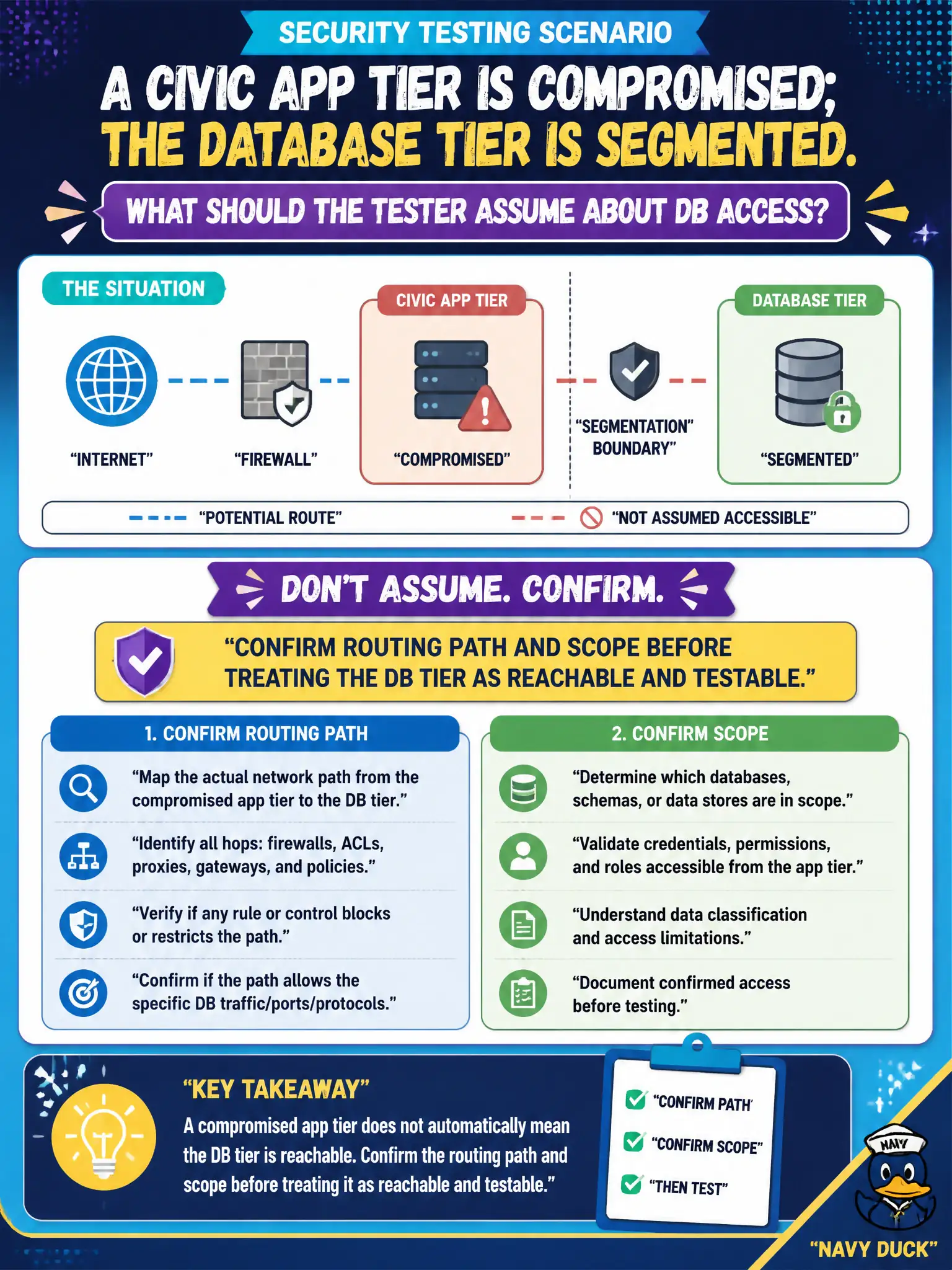 To Create an exciting colorful infographic that explains the concepts in the question: Question: A civic app tier is compromised; the database tier is segmented. What should the tester assume about DB access? Correct Answer: Confirm routing path and scope before treating the DB tier as reachable and testable. Put EVERY visible label in double quotes. No people. No A/B/C/D letters. In one of the four corners put a little "Navy Duck".
