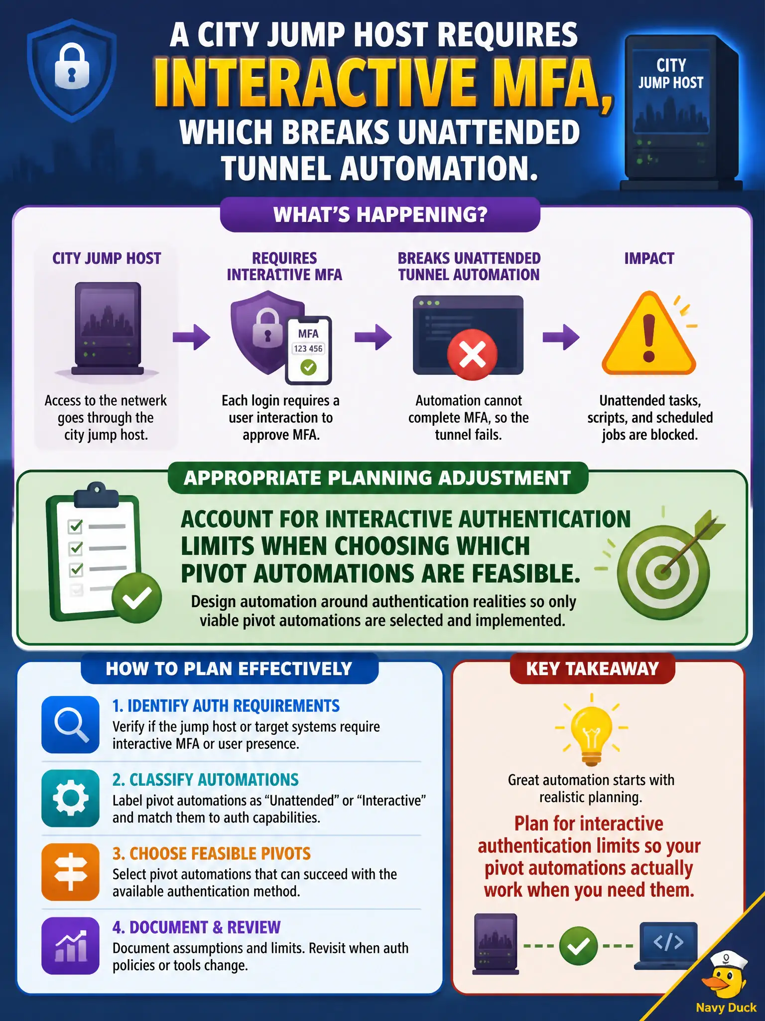 To Create an exciting colorful infographic that explains the concepts in the question: Question: A city jump host requires interactive MFA, which breaks unattended tunnel automation. What planning adjustment is appropriate? Correct Answer: Account for interactive authentication limits when choosing which pivot automations are feasible. Put EVERY visible label in double quotes. No people. No A/B/C/D letters. In one of the four corners put a little "Navy Duck".