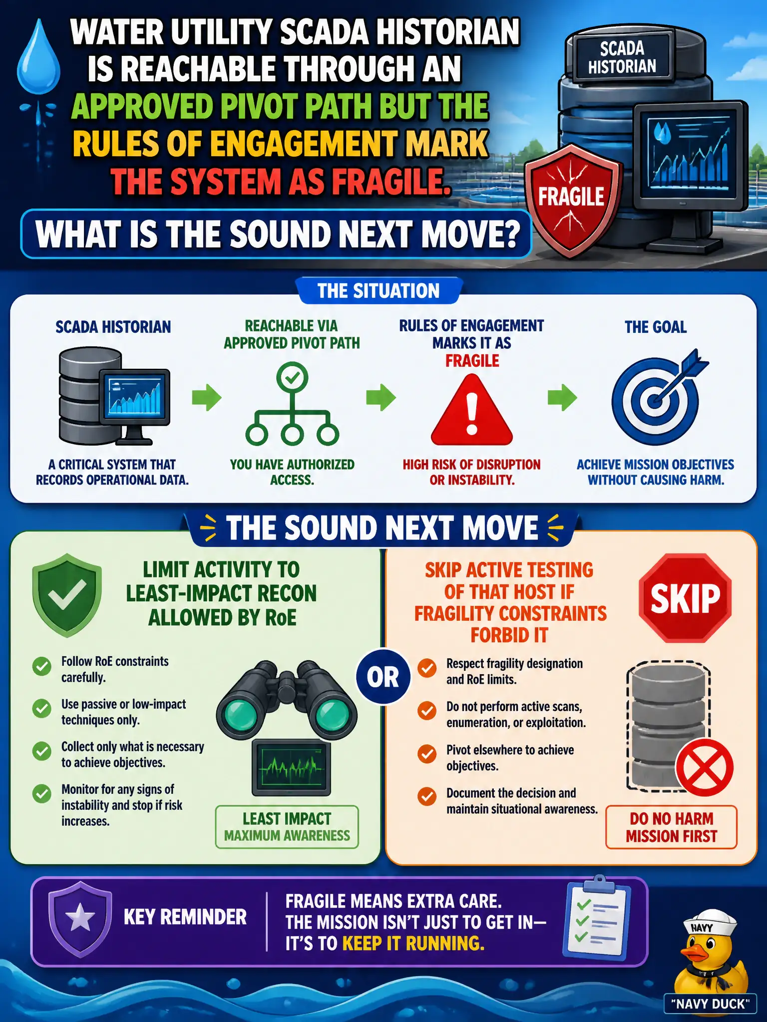 To Create an exciting colorful infographic that explains the concepts in the question: Question: A water utility SCADA historian is reachable through an approved pivot path but the rules of engagement mark the system as fragile. What is the sound next move? Correct Answer: Limit activity to least-impact recon allowed by RoE, or skip active testing of that host if fragility constraints forbid it. Put EVERY visible label in double quotes. No people. No A/B/C/D letters. In one of the four corners put a little "Navy Duck".