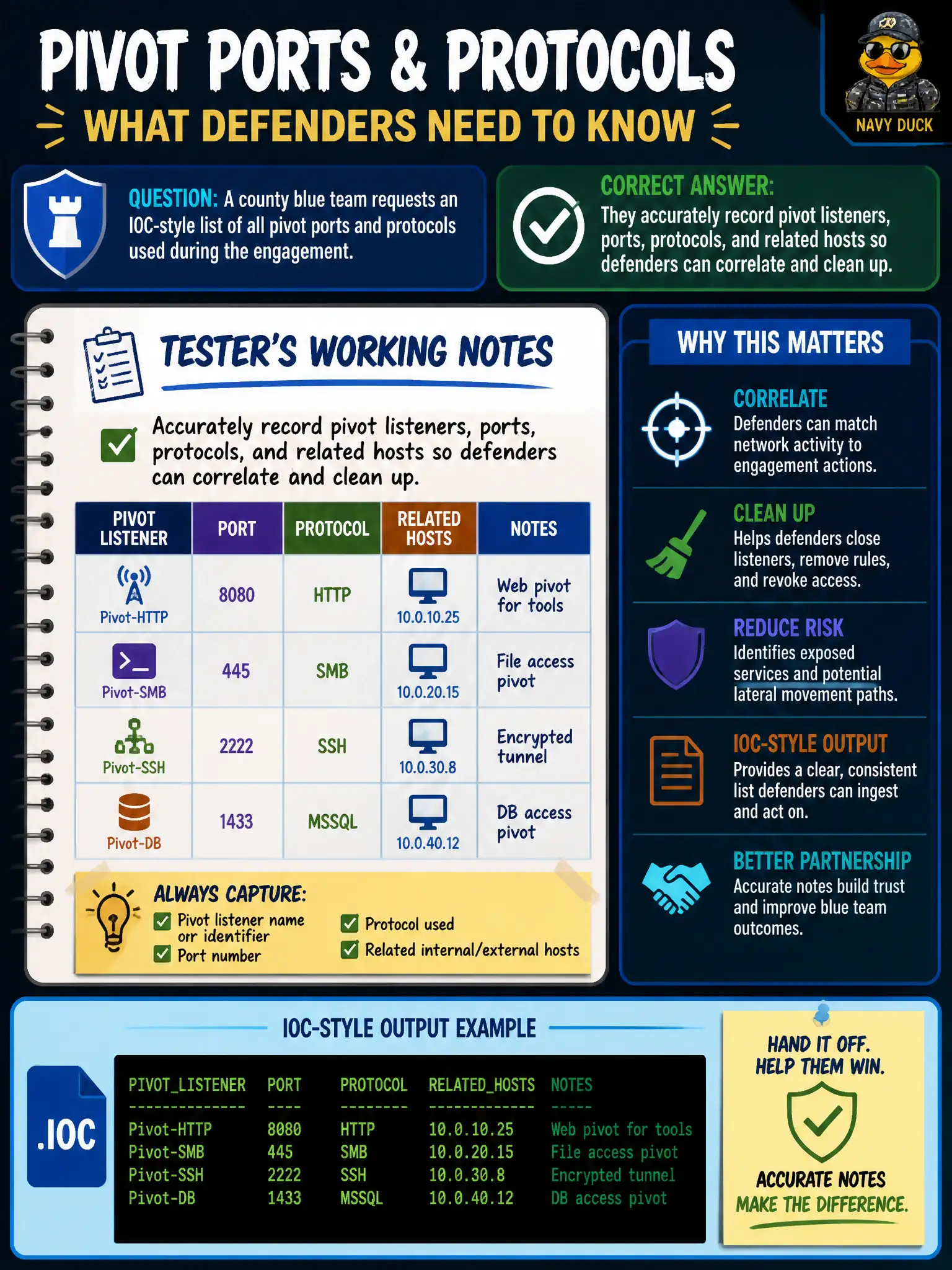 To Create an exciting colorful infographic that explains the concepts in the question: Question: A county blue team requests an IOC-style list of all pivot ports and protocols used during the engagement. What should already be true of the tester's working notes? Correct Answer: They accurately record pivot listeners, ports, protocols, and related hosts so defenders can correlate and clean up. Put EVERY visible label in double quotes. No people. No A/B/C/D letters. In one of the four corners put a little "Navy Duck".