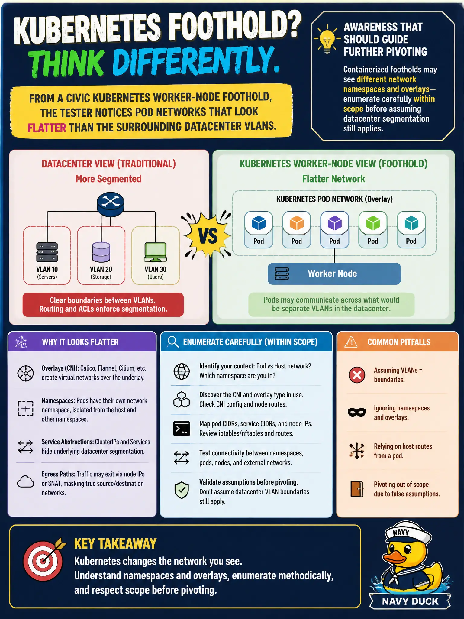 To Create an exciting colorful infographic that explains the concepts in the question: Question: From a civic Kubernetes worker-node foothold, the tester notices pod networks that look flatter than the surrounding datacenter VLANs. What awareness should guide further pivoting? Correct Answer: Containerized footholds may see different network namespaces and overlays—enumerate carefully within scope before assuming datacenter segmentation still applies. Put EVERY visible label in double quotes. No people. No A/B/C/D letters. In one of the four corners put a little "Navy Duck".