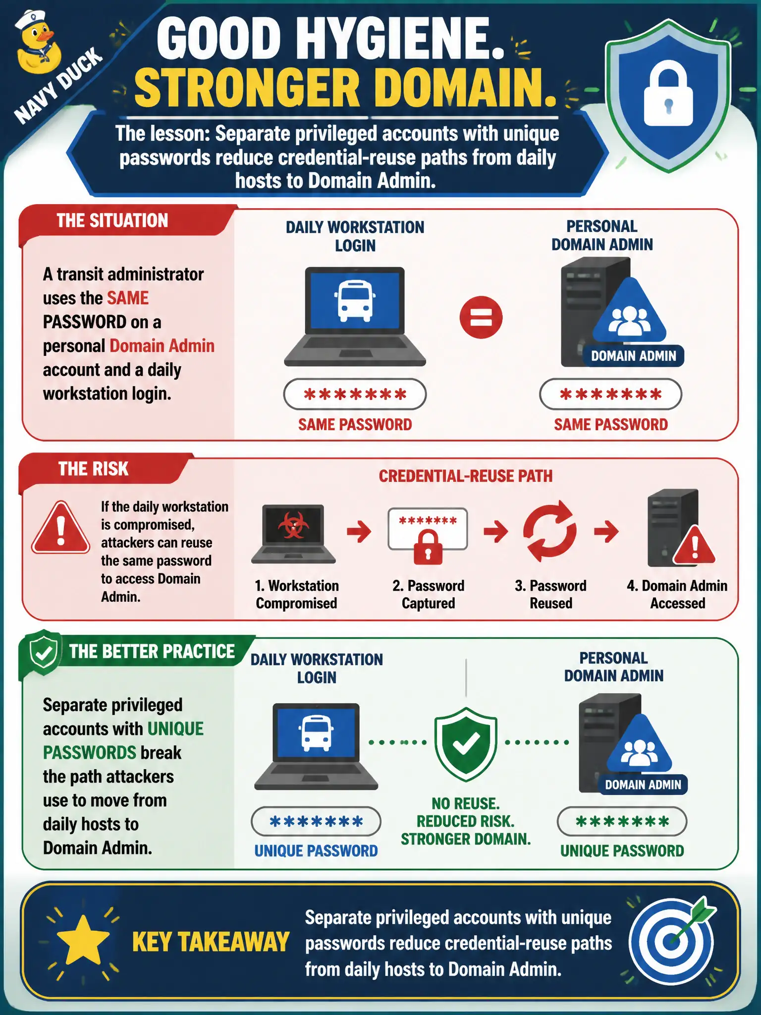 To Create an exciting colorful infographic that explains the concepts in the question: Question: A transit administrator uses the same password on a personal Domain Admin account and a daily workstation login. What hygiene lesson should the report emphasize? Correct Answer: Separate privileged accounts with unique passwords reduce credential-reuse paths from daily hosts to Domain Admin. Put EVERY visible label in double quotes. No people. No A/B/C/D letters. In one of the four corners put a little "Navy Duck".
