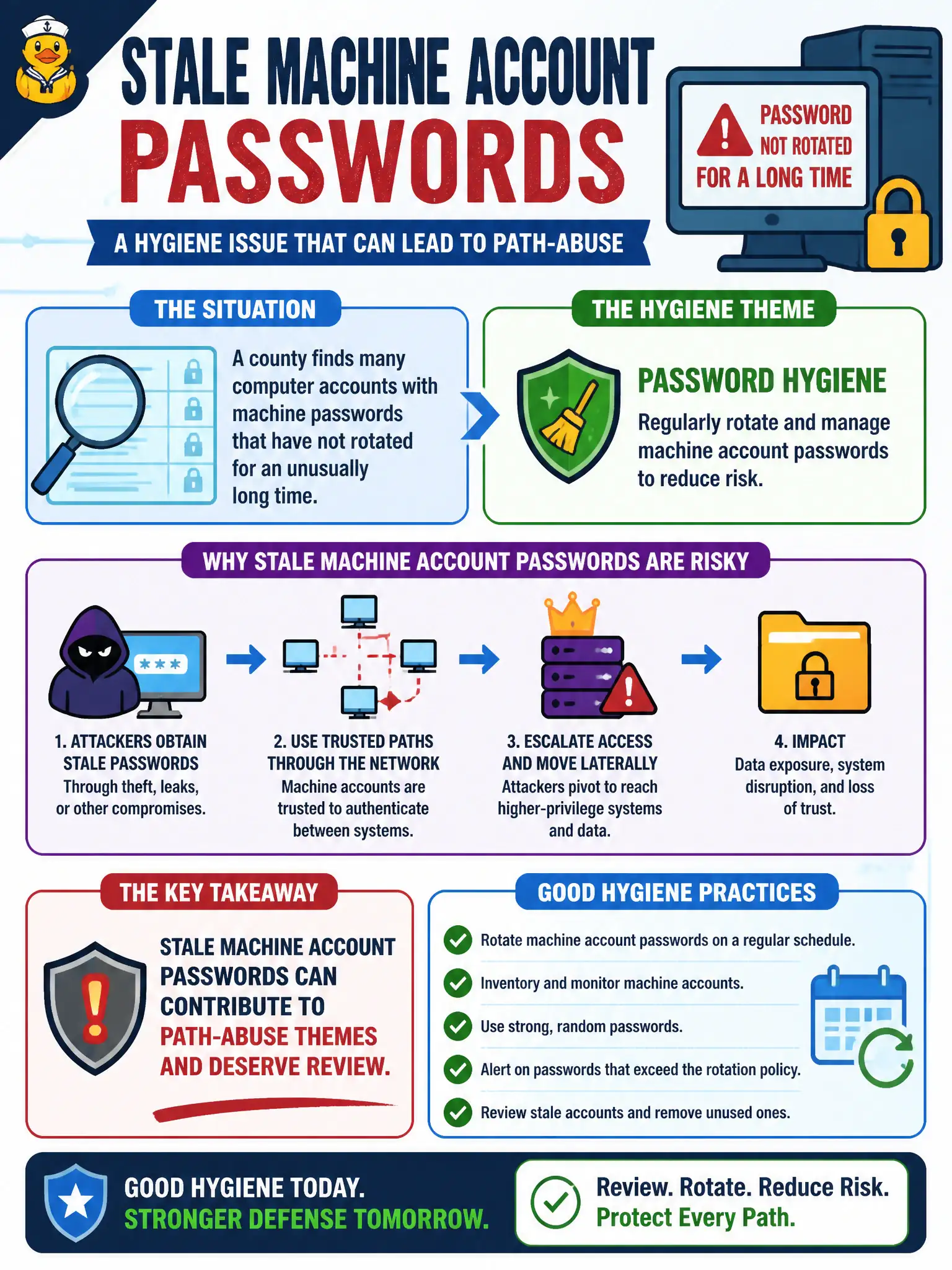 To Create an exciting colorful infographic that explains the concepts in the question: Question: A county finds many computer accounts with machine passwords that have not rotated for an unusually long time. What hygiene theme applies? Correct Answer: Stale machine account passwords can contribute to path-abuse themes and deserve review. Put EVERY visible label in double quotes. No people. No A/B/C/D letters. In one of the four corners put a little "Navy Duck".