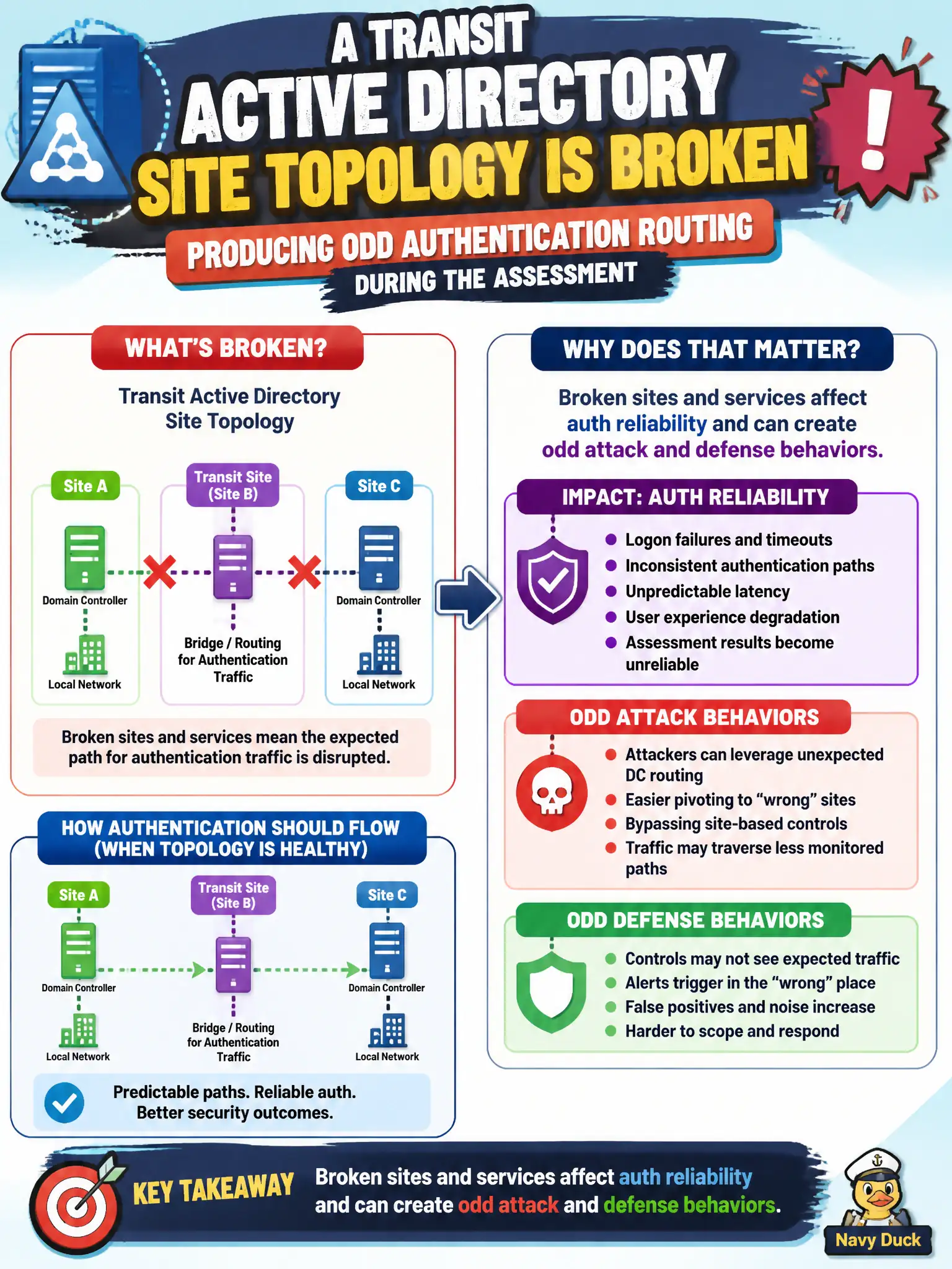 To Create an exciting colorful infographic that explains the concepts in the question: Question: A transit Active Directory site topology is broken, producing odd authentication routing during the assessment. Why does that matter? Correct Answer: Broken sites and services affect auth reliability and can create odd attack and defense behaviors. Put EVERY visible label in double quotes. No people. No A/B/C/D letters. In one of the four corners put a little "Navy Duck".