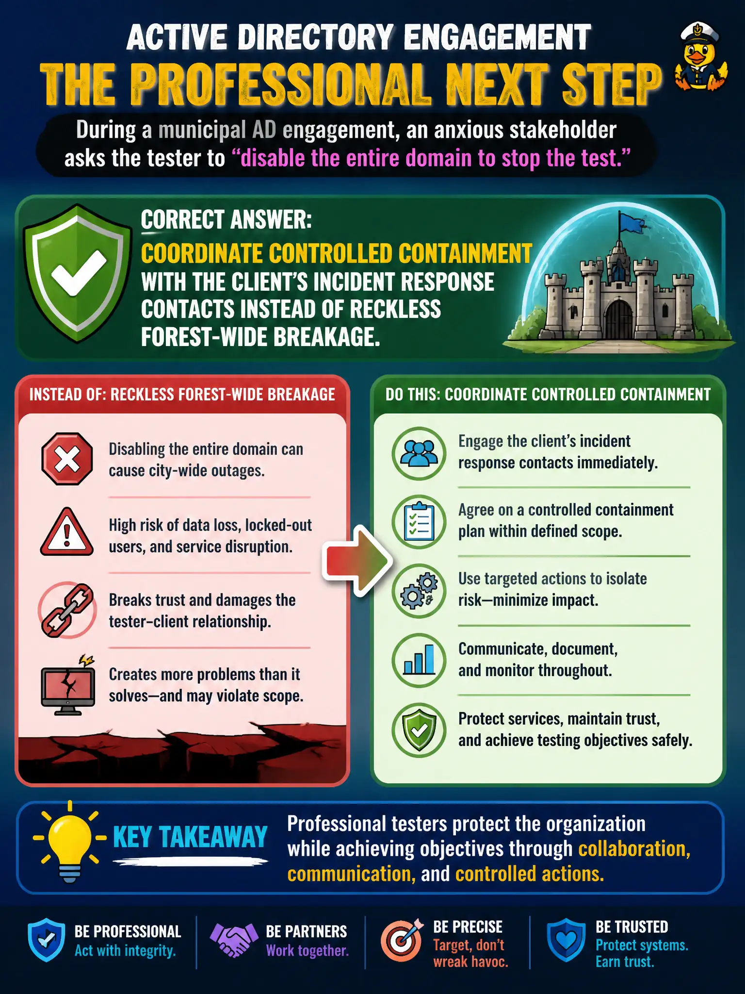 To Create an exciting colorful infographic that explains the concepts in the question: Question: During a municipal AD engagement, an anxious stakeholder asks the tester to “disable the entire domain to stop the test.” What is the professional next step? Correct Answer: Coordinate controlled containment with the client’s incident response contacts instead of reckless forest-wide breakage. Put EVERY visible label in double quotes. No people. No A/B/C/D letters. In one of the four corners put a little "Navy Duck".