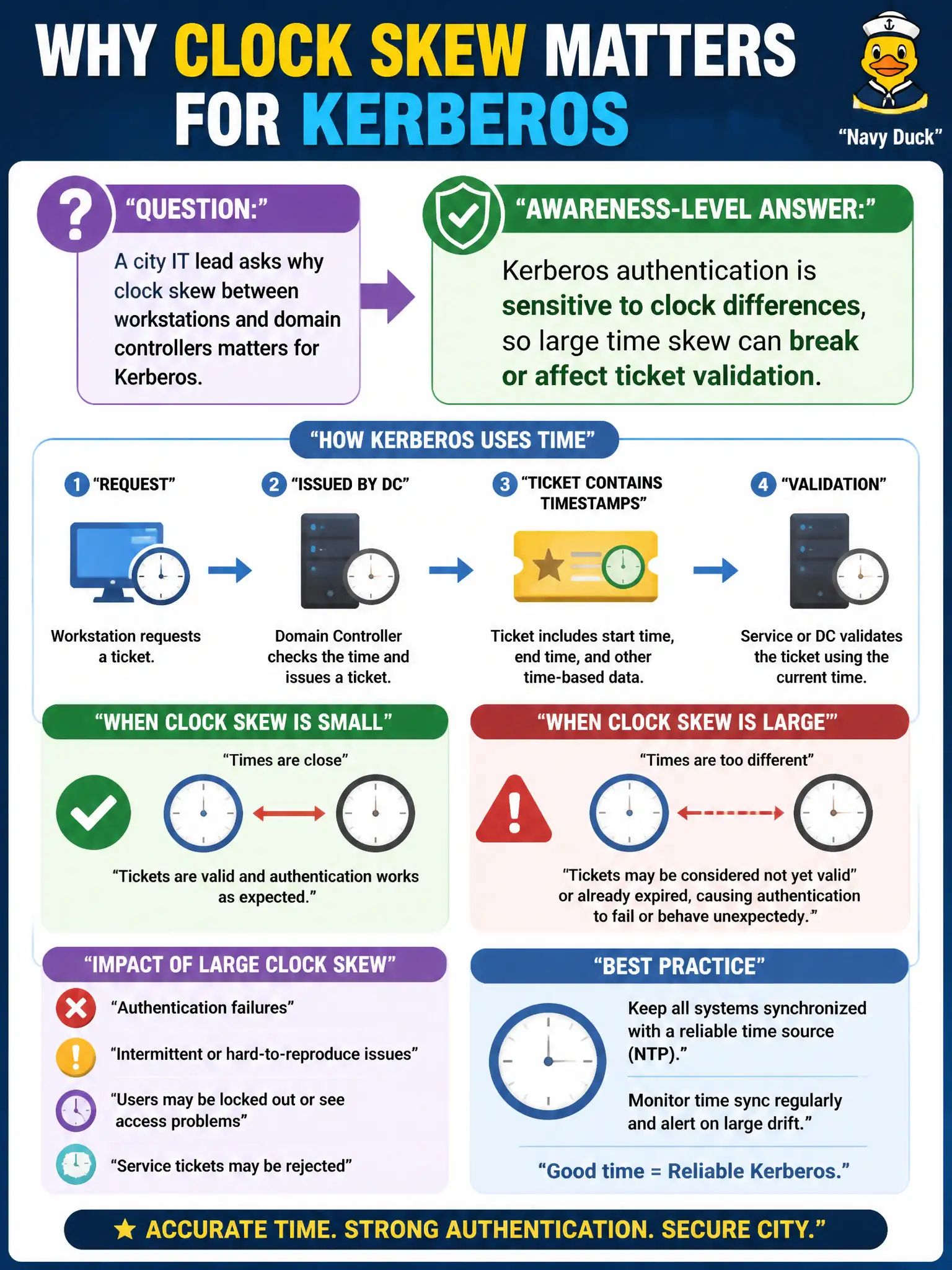 To Create an exciting colorful infographic that explains the concepts in the question: Question: A city IT lead asks why clock skew between workstations and domain controllers matters for Kerberos. What awareness-level answer is most accurate? Correct Answer: Kerberos authentication is sensitive to clock differences, so large time skew can break or affect ticket validation. Put EVERY visible label in double quotes. No people. No A/B/C/D letters. In one of the four corners put a little "Navy Duck".