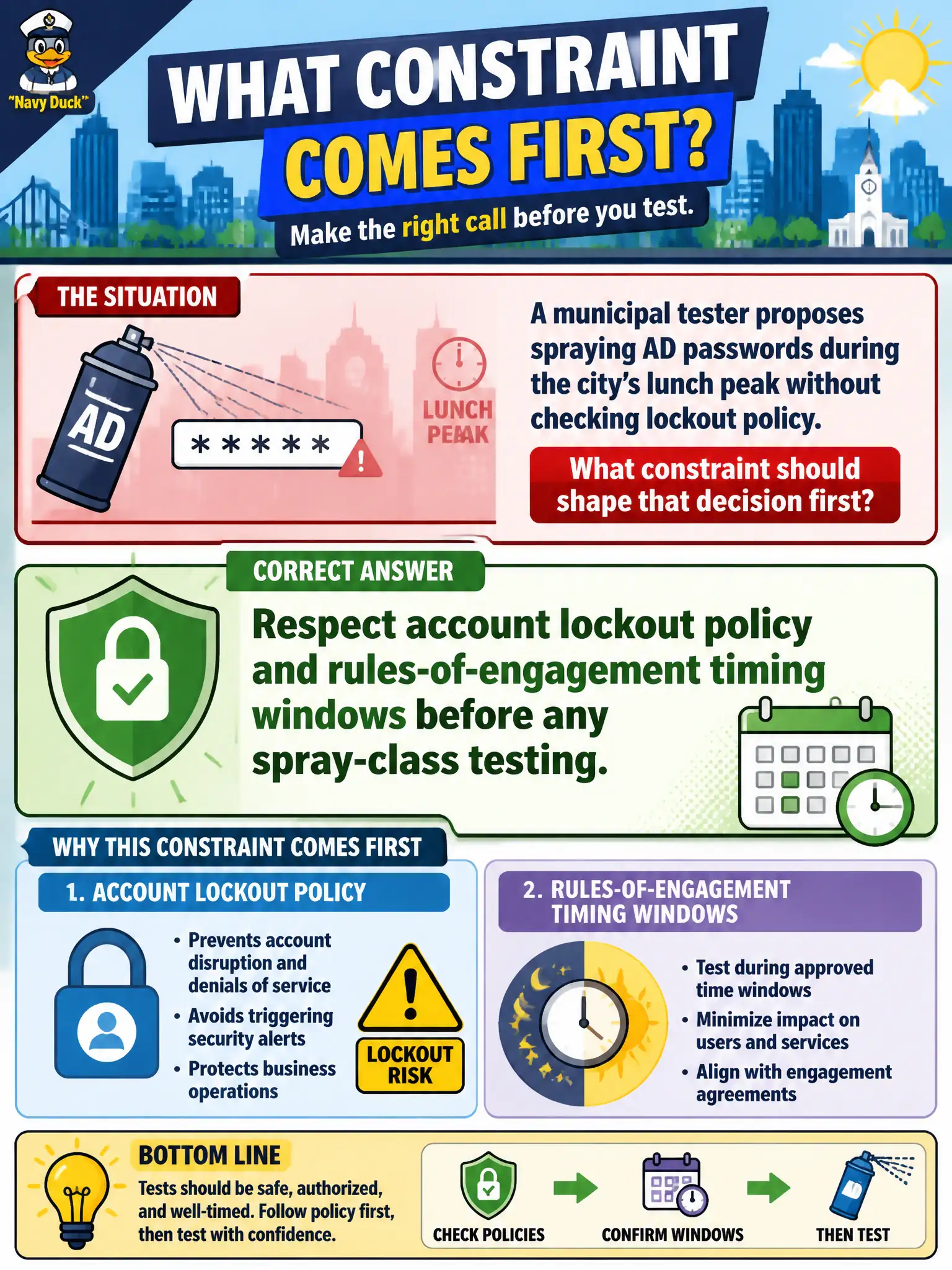 To Create an exciting colorful infographic that explains the concepts in the question: Question: A municipal tester proposes spraying AD passwords during the city’s lunch peak without checking lockout policy. What constraint should shape that decision first? Correct Answer: Respect account lockout policy and rules-of-engagement timing windows before any spray-class testing. Put EVERY visible label in double quotes. No people. No A/B/C/D letters. In one of the four corners put a little "Navy Duck".