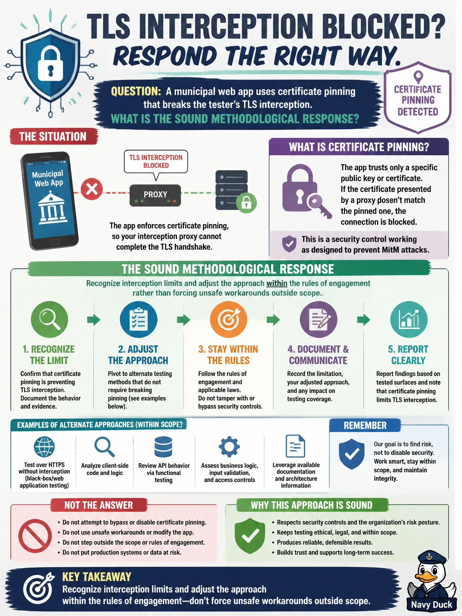 To Create an exciting colorful infographic that explains the concepts in the question: Question: A municipal web app uses certificate pinning that breaks the tester’s TLS interception. What is the sound methodological response? Correct Answer: Recognize interception limits and adjust the approach within the rules of engagement rather than forcing unsafe workarounds outside scope. Put EVERY visible label in double quotes. No people. No A/B/C/D letters. In one of the four corners put a little "Navy Duck".