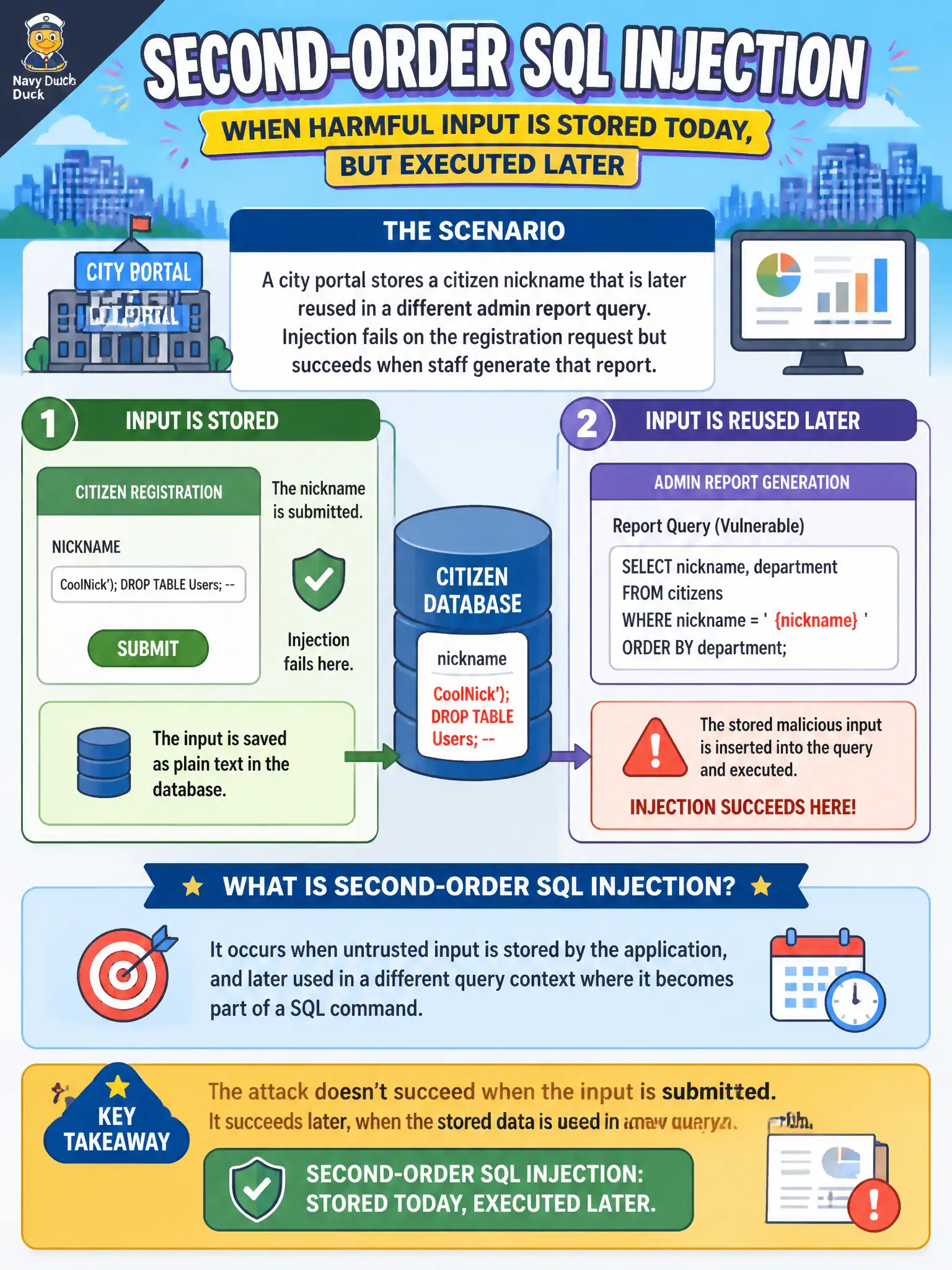 To Create an exciting colorful infographic that explains the concepts in the question: Question: A city portal stores a citizen nickname that is later reused in a different admin report query. Injection fails on the registration request but succeeds when staff generate that report. What injection class best fits this pattern? Correct Answer: Second-order SQL injection, where stored input is executed in a later query path. Put EVERY visible label in double quotes. No people. No A/B/C/D letters. In one of the four corners put a little "Navy Duck".