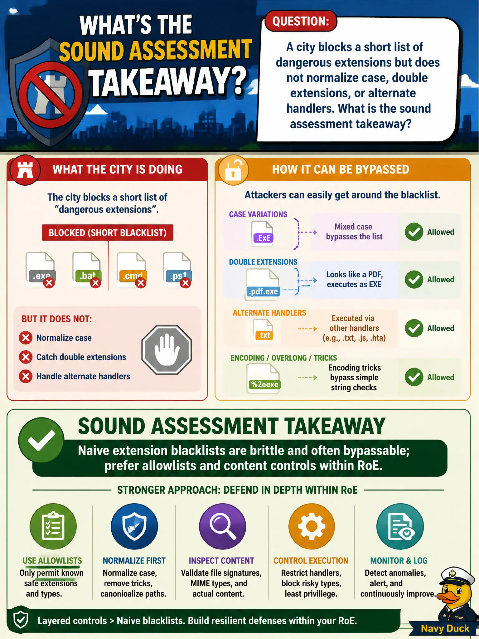 To Create an exciting colorful infographic that explains the concepts in the question: Question: A city blocks a short list of dangerous extensions but does not normalize case, double extensions, or alternate handlers. What is the sound assessment takeaway? Correct Answer: Naive extension blacklists are brittle and often bypassable; prefer allowlists and content controls within RoE. Put EVERY visible label in double quotes. No people. No A/B/C/D letters. In one of the four corners put a little "Navy Duck".