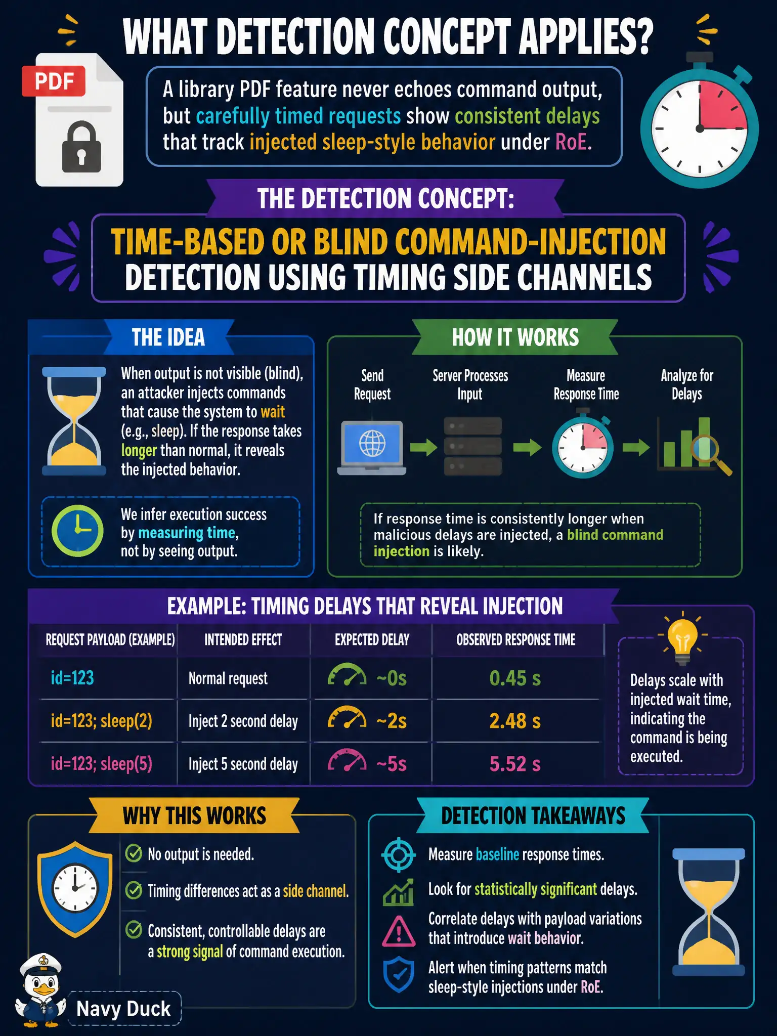 To Create an exciting colorful infographic that explains the concepts in the question: Question: A library PDF feature never echoes command output, but carefully timed requests show consistent delays that track injected sleep-style behavior under RoE. What detection concept applies? Correct Answer: Time-based or blind command-injection detection using timing side channels. Put EVERY visible label in double quotes. No people. No A/B/C/D letters. In one of the four corners put a little "Navy Duck".