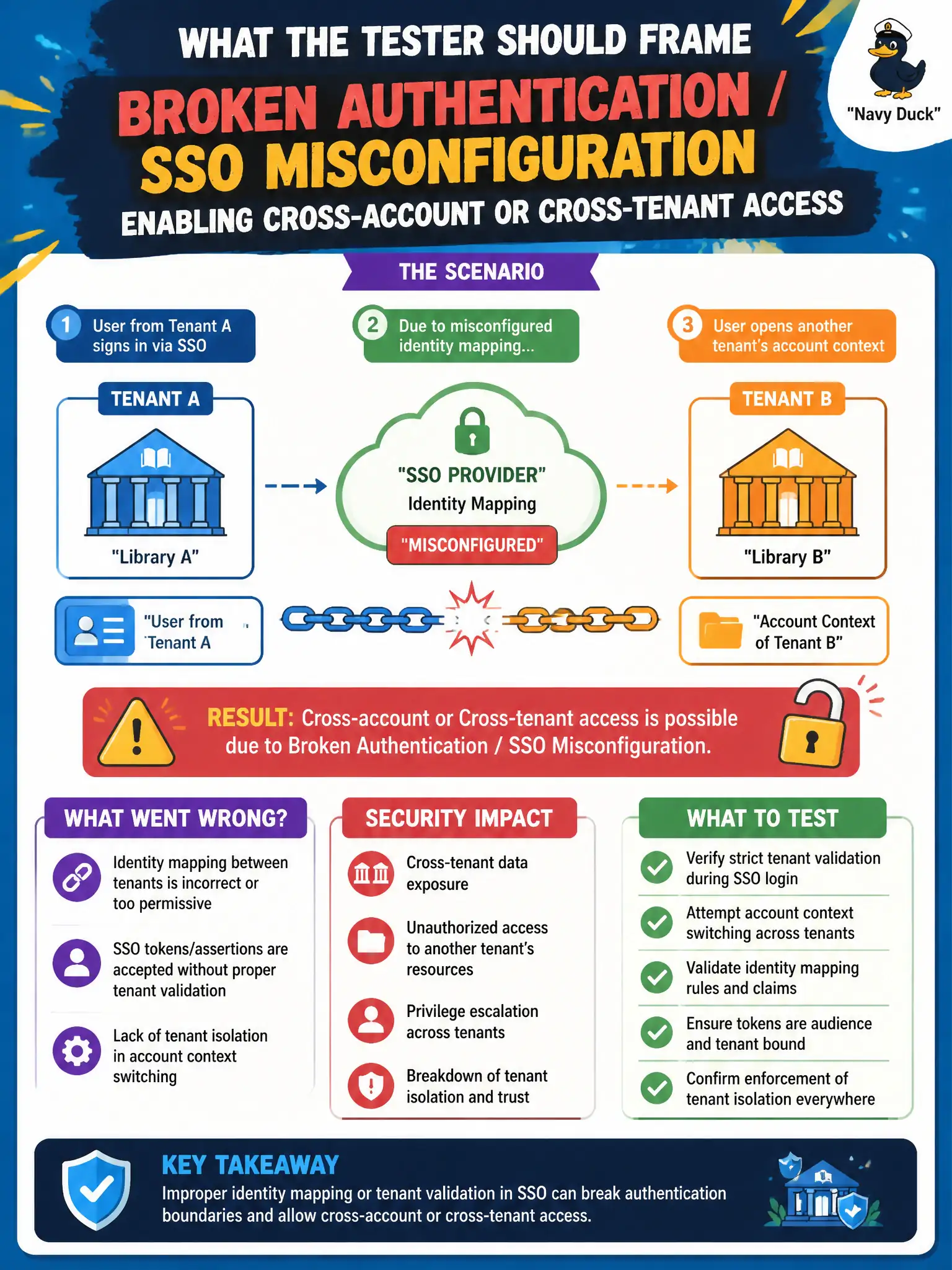 To Create an exciting colorful infographic that explains the concepts in the question: Question: A library multi-tenant SSO setup lets a user from one tenant open another tenant's account context after a misconfigured identity mapping. What theme should the tester frame? Correct Answer: Broken authentication / SSO misconfiguration enabling cross-account or cross-tenant access. Put EVERY visible label in double quotes. No people. No A/B/C/D letters. In one of the four corners put a little "Navy Duck".