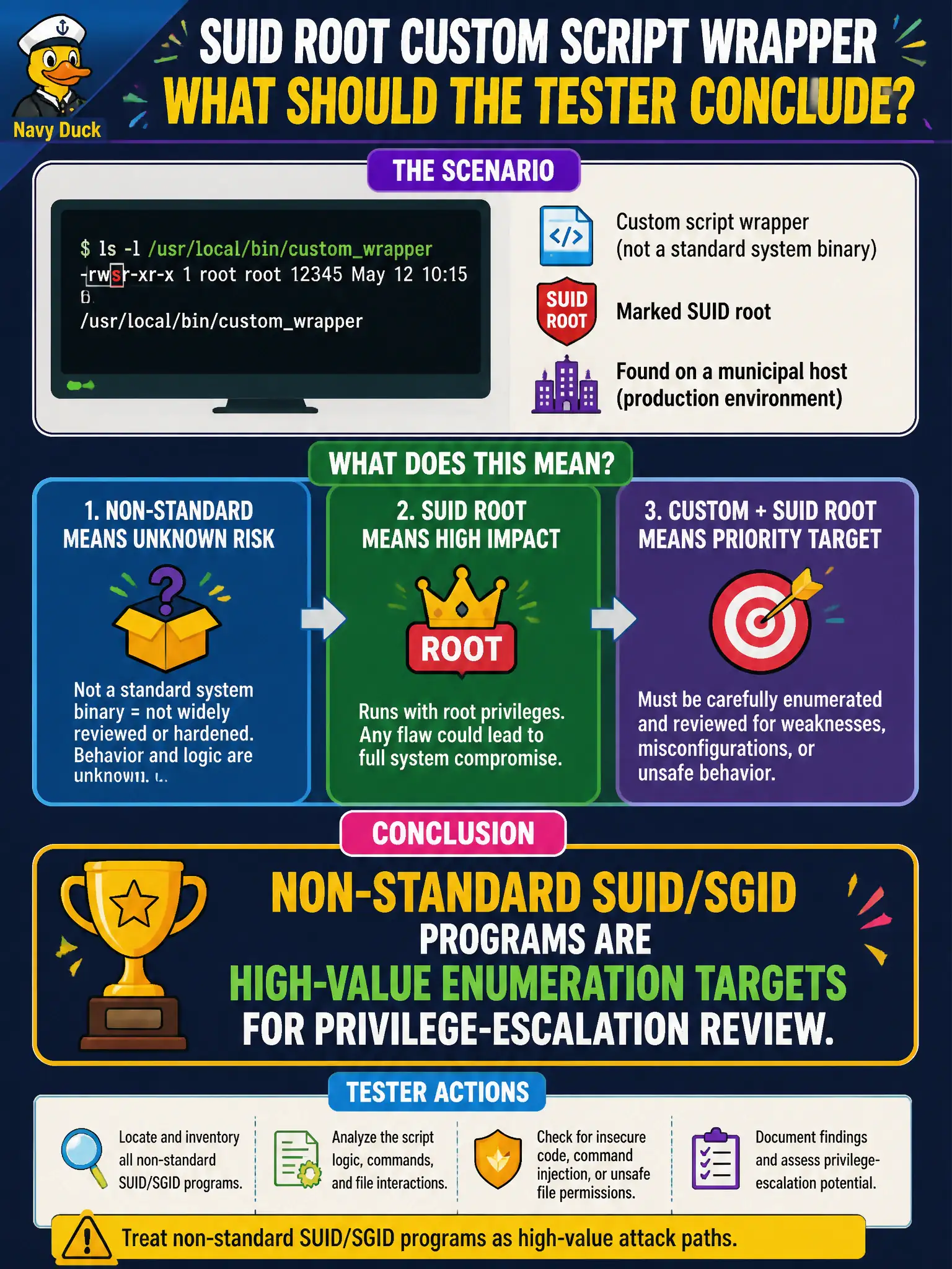 To Create an exciting colorful infographic that explains the concepts in the question: Question: A municipal host has a custom script wrapper marked SUID root that is not a standard system binary. What should the tester conclude? Correct Answer: Non-standard SUID/SGID programs are high-value enumeration targets for privilege-escalation review. Put EVERY visible label in double quotes. No people. No A/B/C/D letters. In one of the four corners put a little "Navy Duck".