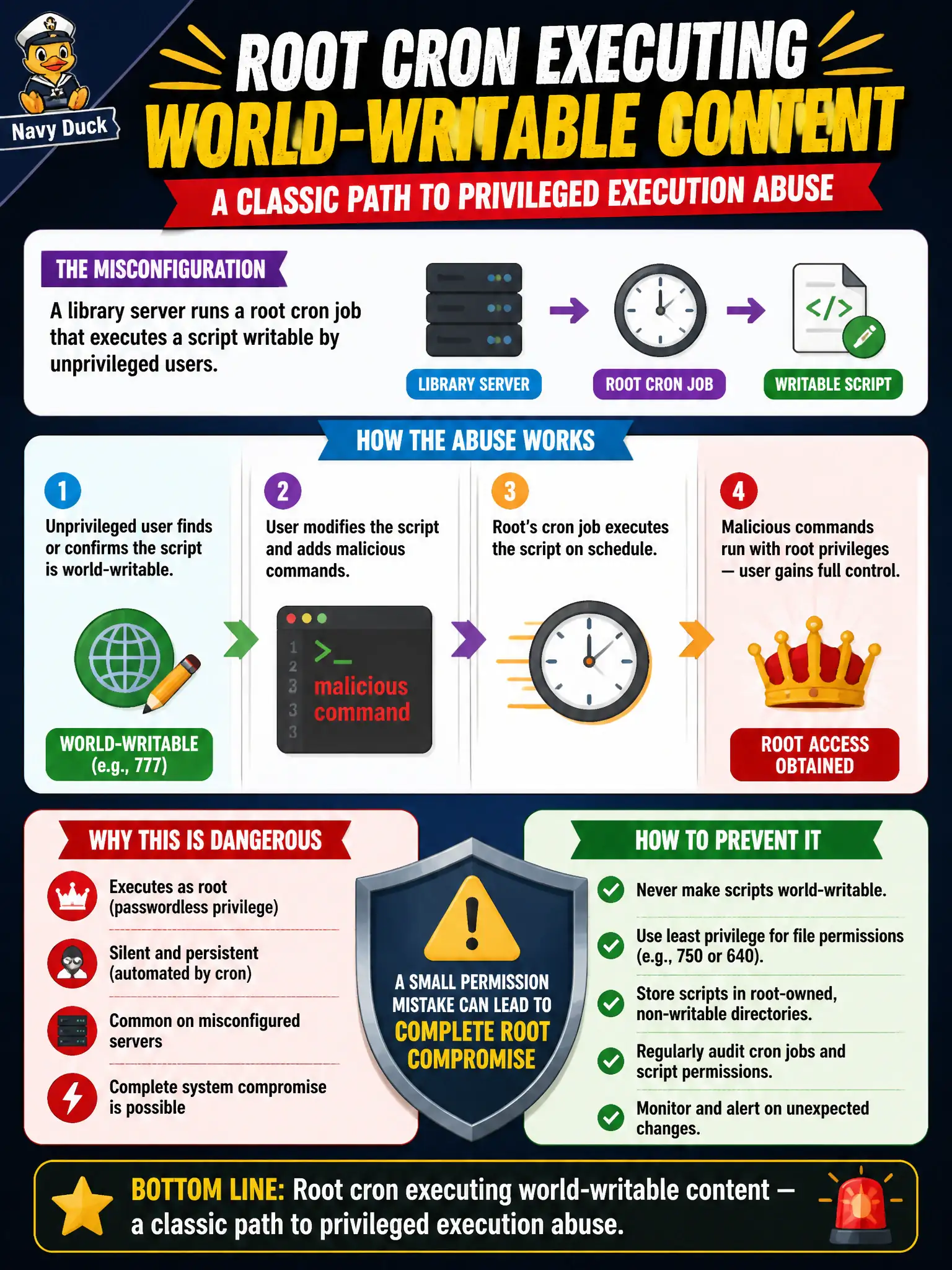 To Create an exciting colorful infographic that explains the concepts in the question: Question: A library server runs a root cron job that executes a script writable by unprivileged users. What misconfiguration class is this? Correct Answer: Root cron executing world-writable content — a classic path to privileged execution abuse. Put EVERY visible label in double quotes. No people. No A/B/C/D letters. In one of the four corners put a little "Navy Duck".