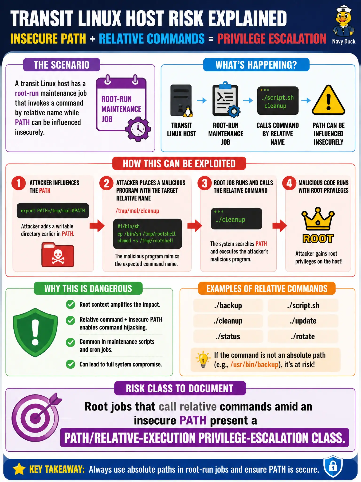 To Create an exciting colorful infographic that explains the concepts in the question: Question: A transit Linux host has a root-run maintenance job that invokes a command by relative name while PATH can be influenced insecurely. What risk class should the tester document? Correct Answer: Root jobs that call relative commands amid an insecure PATH present a PATH/relative-execution privilege-escalation class. Put EVERY visible label in double quotes. No people. No A/B/C/D letters. In one of the four corners put a little "Navy Duck".