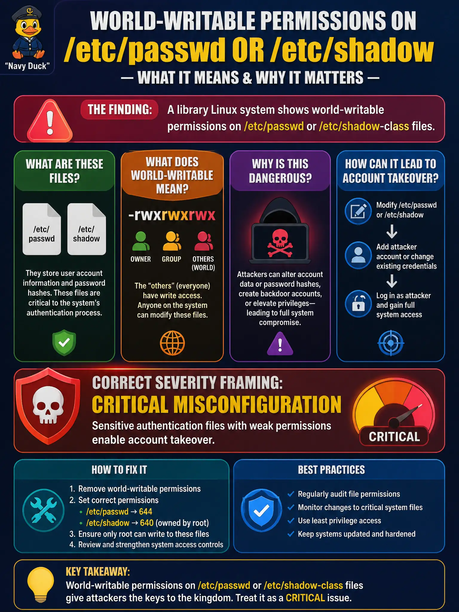 To Create an exciting colorful infographic that explains the concepts in the question: Question: A library Linux system shows world-writable permissions on /etc/passwd or /etc/shadow-class files. What is the correct severity framing for that finding? Correct Answer: Critical misconfiguration: sensitive authentication files with weak permissions enable account takeover themes. Put EVERY visible label in double quotes. No people. No A/B/C/D letters. In one of the four corners put a little "Navy Duck".