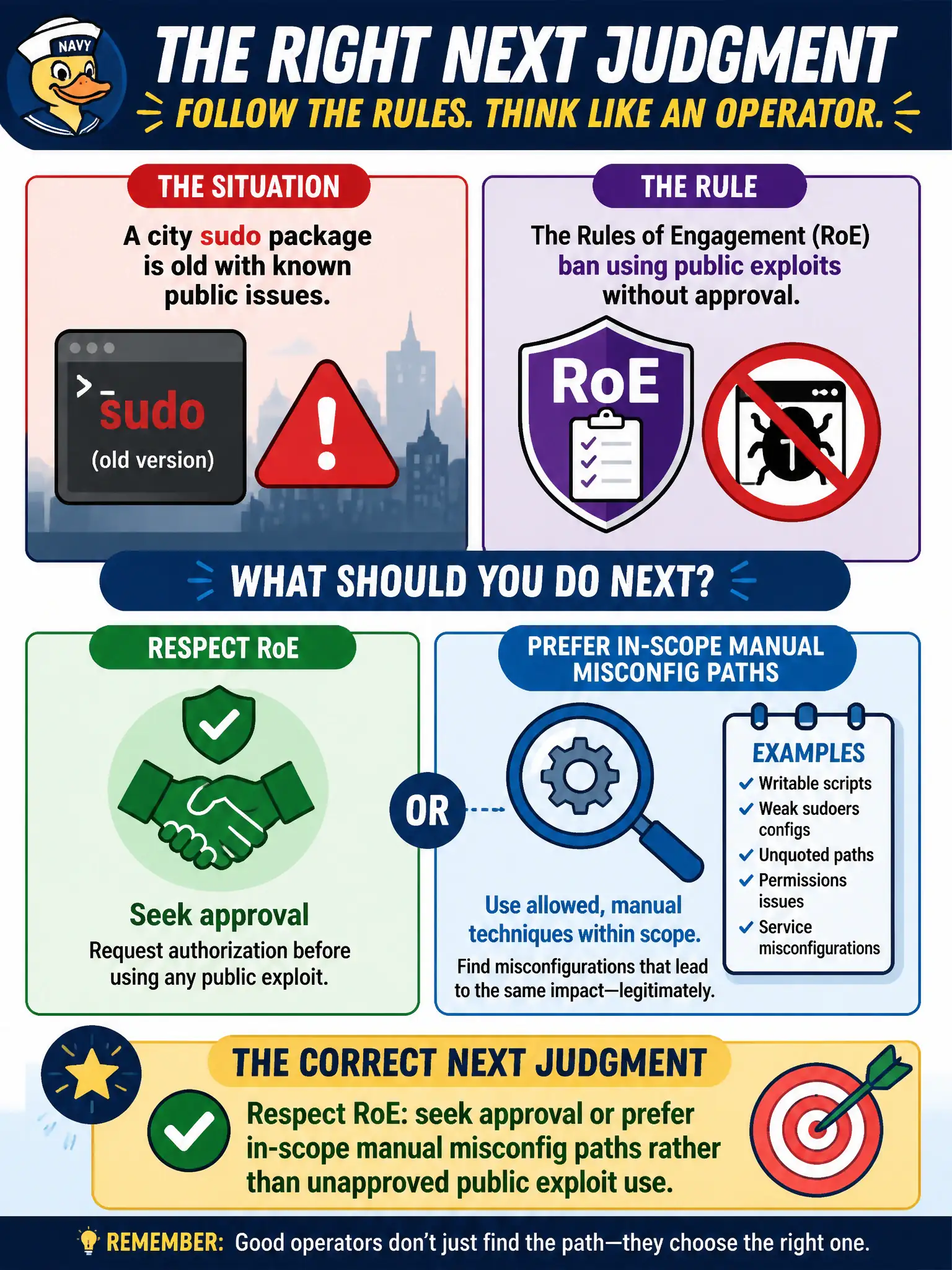 To Create an exciting colorful infographic that explains the concepts in the question: Question: A city sudo package is old with known public issues, but the rules of engagement ban using public exploits without approval. What is the correct next judgment? Correct Answer: Respect RoE: seek approval or prefer in-scope manual misconfig paths rather than unapproved public exploit use. Put EVERY visible label in double quotes. No people. No A/B/C/D letters. In one of the four corners put a little "Navy Duck".