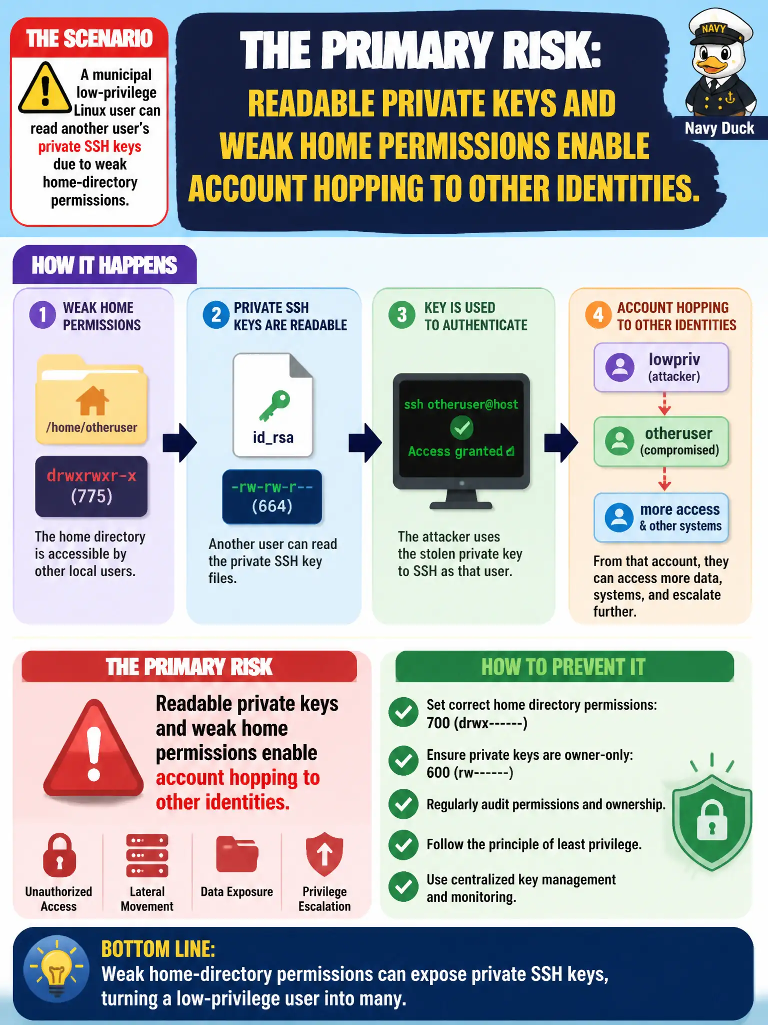To Create an exciting colorful infographic that explains the concepts in the question: Question: A municipal low-privilege Linux user can read another user's private SSH keys due to weak home-directory permissions. What is the primary risk? Correct Answer: Readable private keys and weak home permissions enable account hopping to other identities. Put EVERY visible label in double quotes. No people. No A/B/C/D letters. In one of the four corners put a little "Navy Duck".