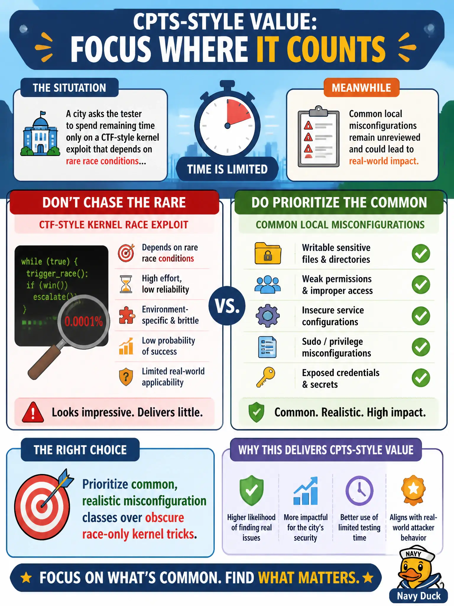 To Create an exciting colorful infographic that explains the concepts in the question: Question: A city asks the tester to spend remaining time only on a CTF-style kernel exploit that depends on rare race conditions, while common local misconfigs remain unreviewed. What should the tester prefer for CPTS-style value? Correct Answer: Prioritize common, realistic misconfiguration classes over obscure race-only kernel tricks. Put EVERY visible label in double quotes. No people. No A/B/C/D letters. In one of the four corners put a little "Navy Duck".