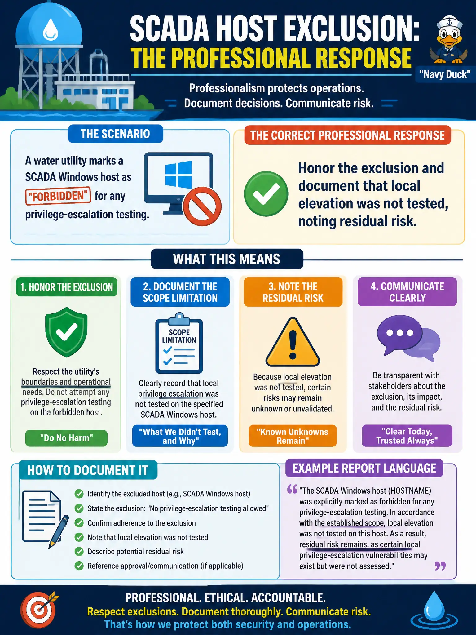 To Create an exciting colorful infographic that explains the concepts in the question: Question: A water utility marks a SCADA Windows host as forbidden for any privilege-escalation testing. What is the correct professional response? Correct Answer: Honor the exclusion and document that local elevation was not tested, noting residual risk. Put EVERY visible label in double quotes. No people. No A/B/C/D letters. In one of the four corners put a little "Navy Duck".