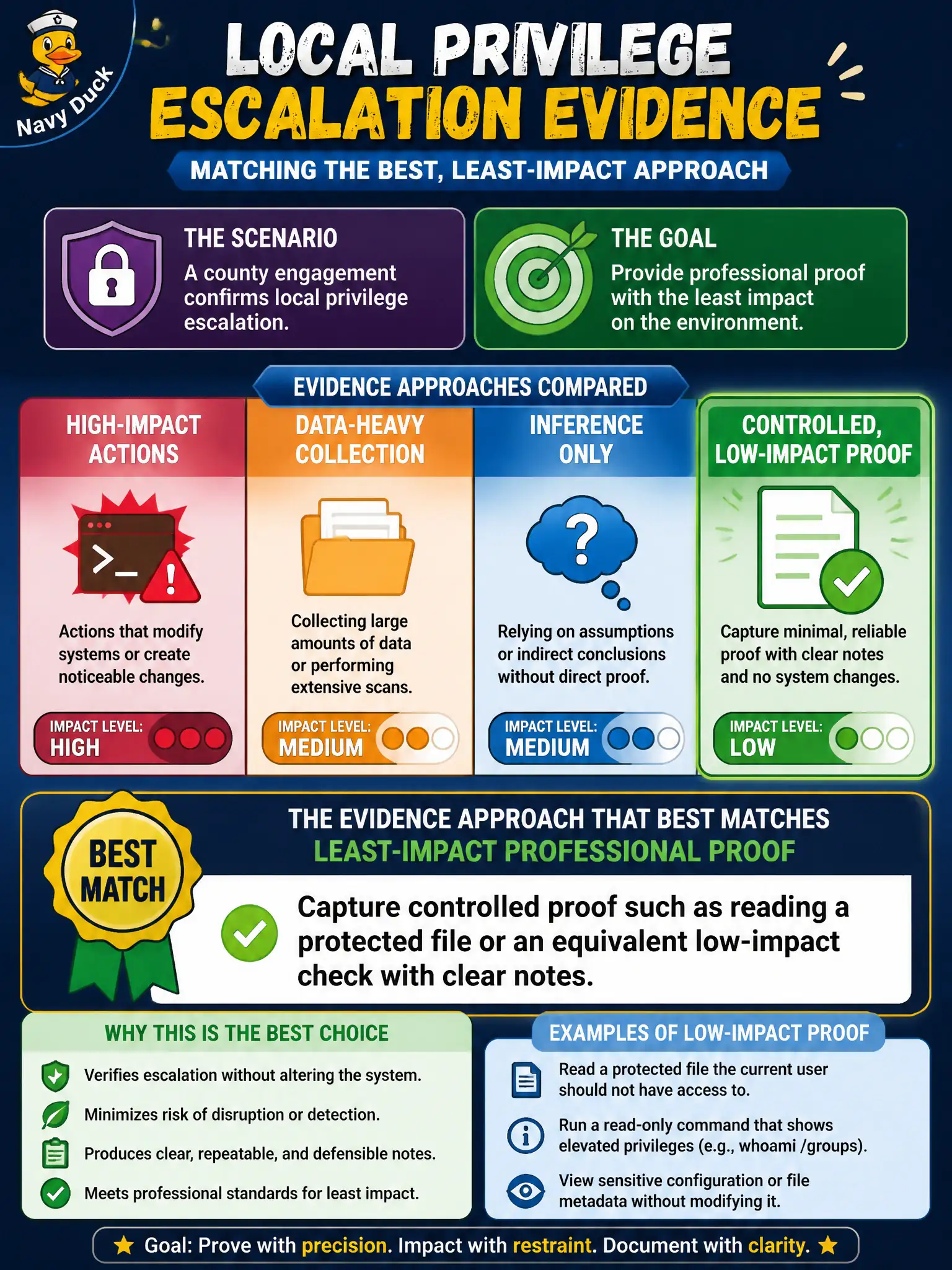To Create an exciting colorful infographic that explains the concepts in the question: Question: A county engagement confirms local privilege escalation. Which evidence approach best matches least-impact professional proof? Correct Answer: Capture controlled proof such as reading a protected file or an equivalent low-impact check with clear notes. Put EVERY visible label in double quotes. No people. No A/B/C/D letters. In one of the four corners put a little "Navy Duck".