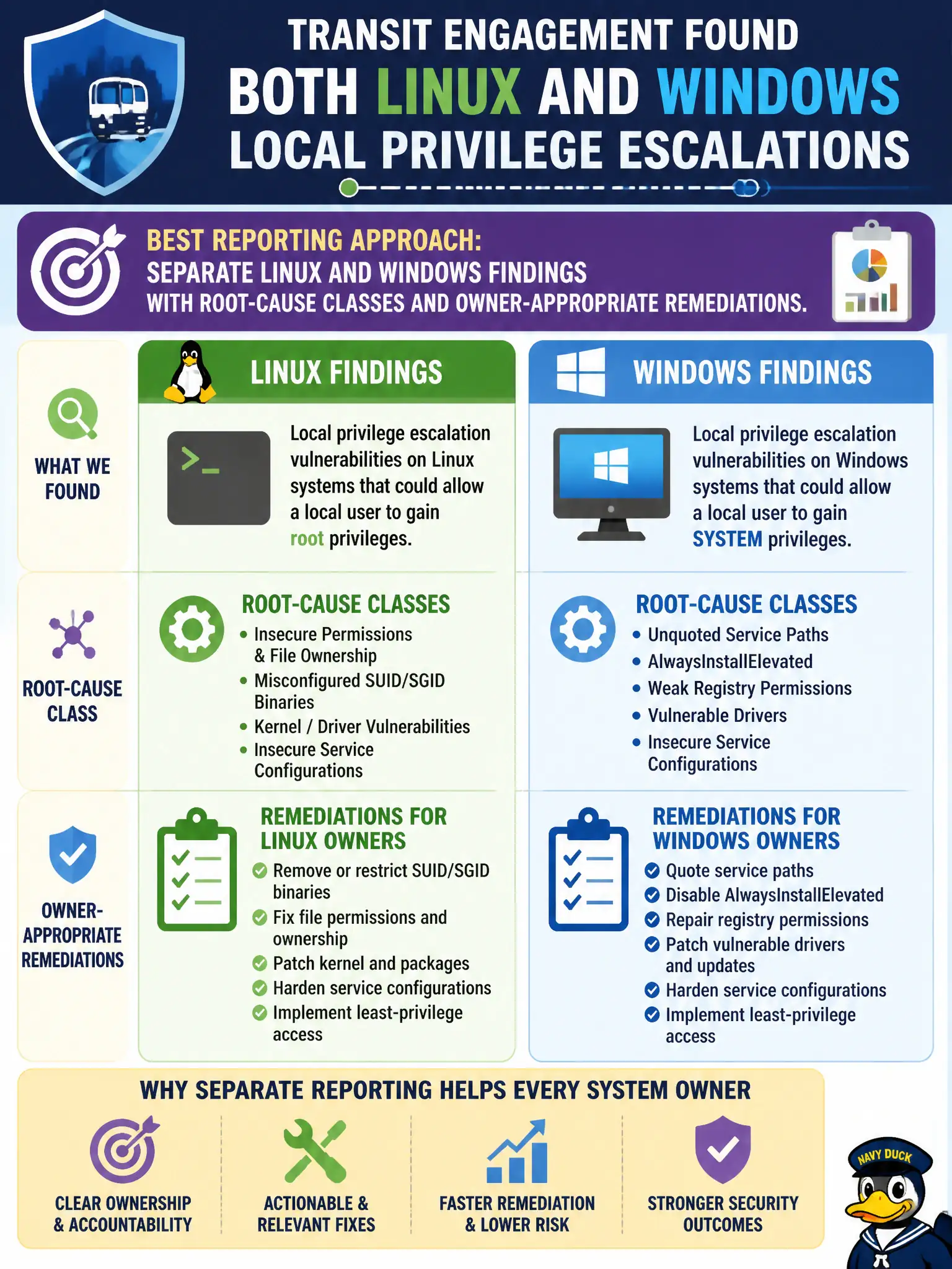 To Create an exciting colorful infographic that explains the concepts in the question: Question: A transit engagement finds both Linux and Windows local privilege escalations. How should reporting best help different system owners? Correct Answer: Separate Linux and Windows findings with root-cause classes and owner-appropriate remediations. Put EVERY visible label in double quotes. No people. No A/B/C/D letters. In one of the four corners put a little "Navy Duck".