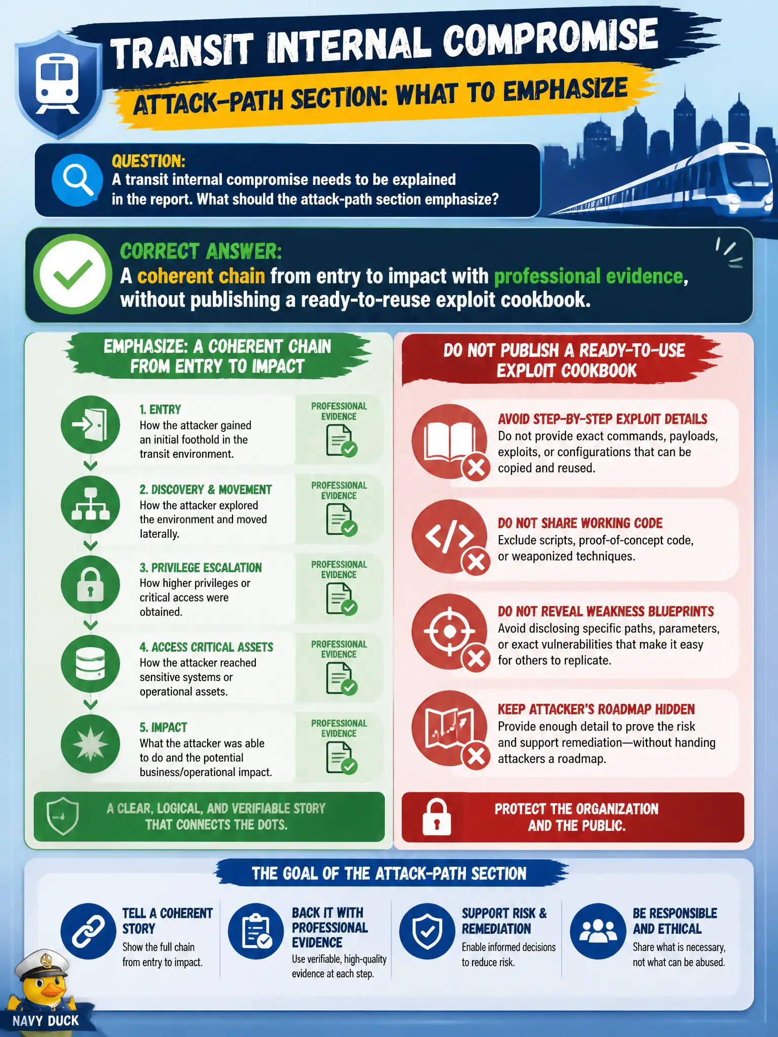 To Create an exciting colorful infographic that explains the concepts in the question: Question: A transit internal compromise needs to be explained in the report. What should the attack-path section emphasize? Correct Answer: A coherent chain from entry to impact with professional evidence, without publishing a ready-to-reuse exploit cookbook. Put EVERY visible label in double quotes. No people. No A/B/C/D letters. In one of the four corners put a little "Navy Duck".