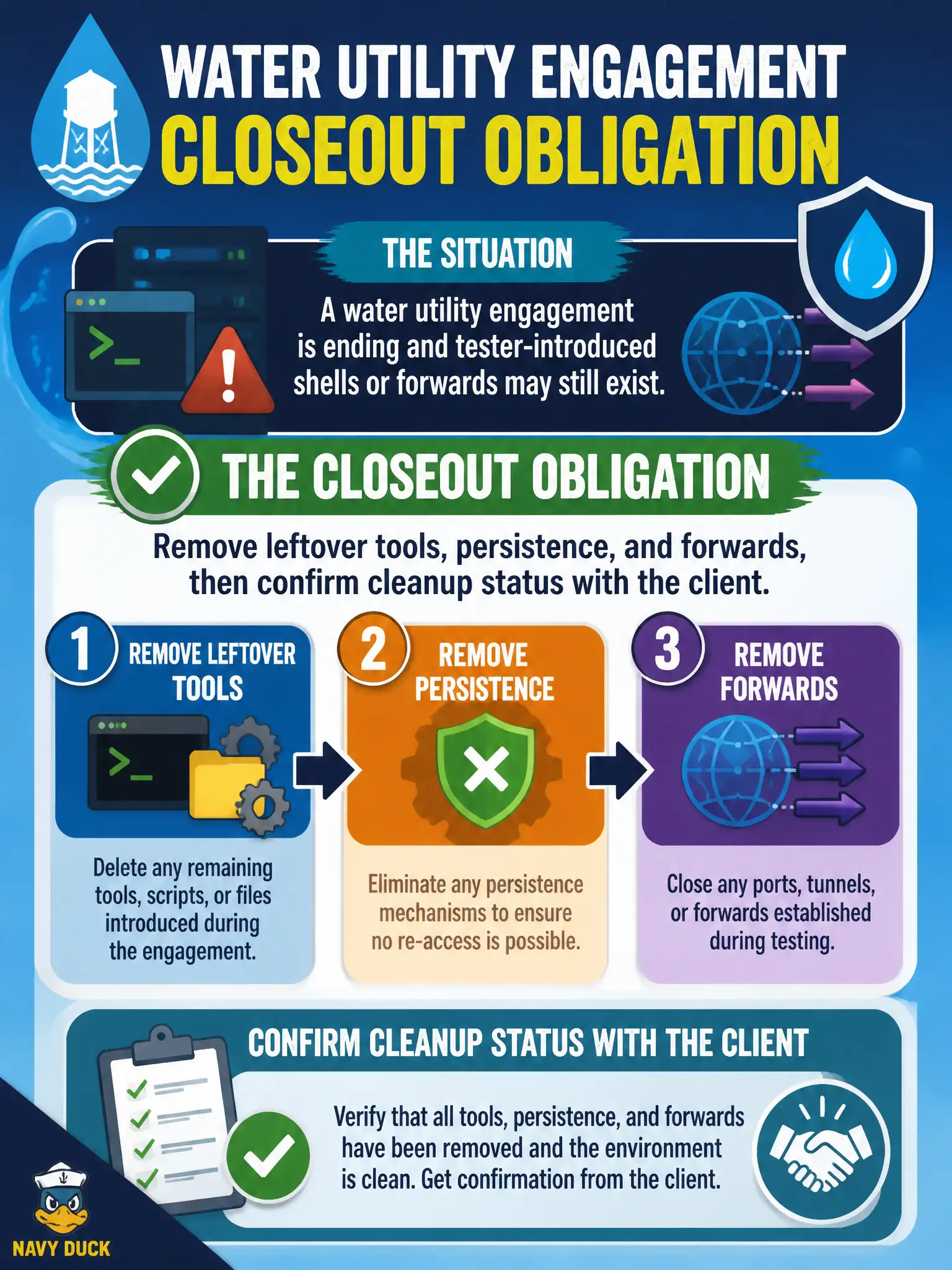 To Create an exciting colorful infographic that explains the concepts in the question: Question: A water utility engagement is ending and tester-introduced shells or forwards may still exist. What closeout obligation applies? Correct Answer: Remove leftover tools, persistence, and forwards, then confirm cleanup status with the client. Put EVERY visible label in double quotes. No people. No A/B/C/D letters. In one of the four corners put a little "Navy Duck".