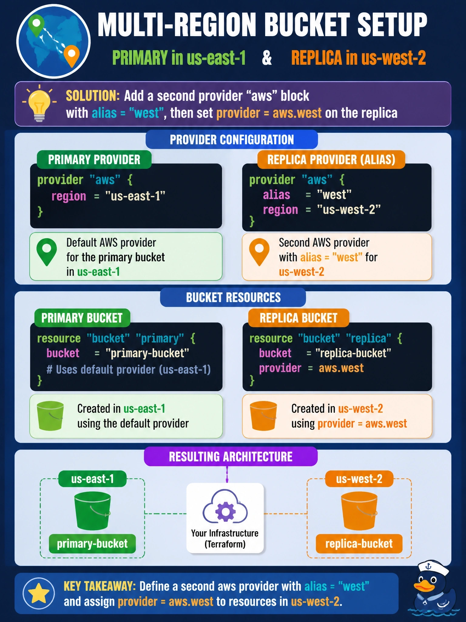To Create an exciting colorful infographic that explains the concepts in the question: Question: One configuration must create a primary bucket in us-east-1 and a replica bucket in us-west-2 using the AWS provider. How should the providers be configured? Correct Answer: Add a second provider "aws" block with alias = "west", then set provider = aws.west on the replica Put EVERY visible label in double quotes. No people. No A/B/C/D letters. In one of the four corners put a little "Navy Duck".