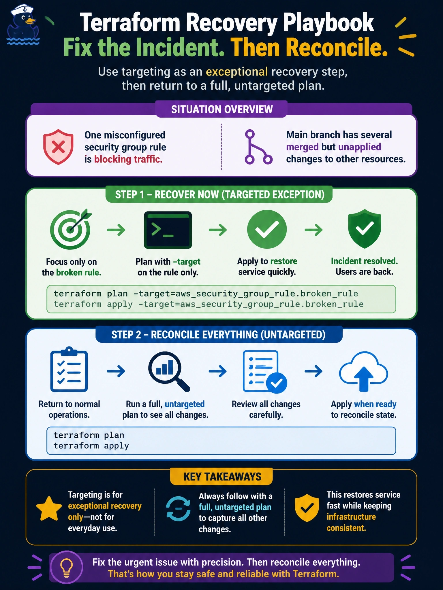 To Create an exciting colorful infographic that explains the concepts in the question: Question: During a production incident, one misconfigured security group rule is blocking traffic. The main branch also holds several merged but unapplied changes to other resources that have not been reviewed for release yet. The on-call engineer must correct only the broken rule right now. Which approach follows Terraform's guidance for this situation? Correct Answer: Plan and apply with -target on the broken rule as an exceptional recovery step, then run a full untargeted plan to reconcile the rest Put EVERY visible label in double quotes. No people. No A/B/C/D letters. In one of the four corners put a little "Navy Duck".