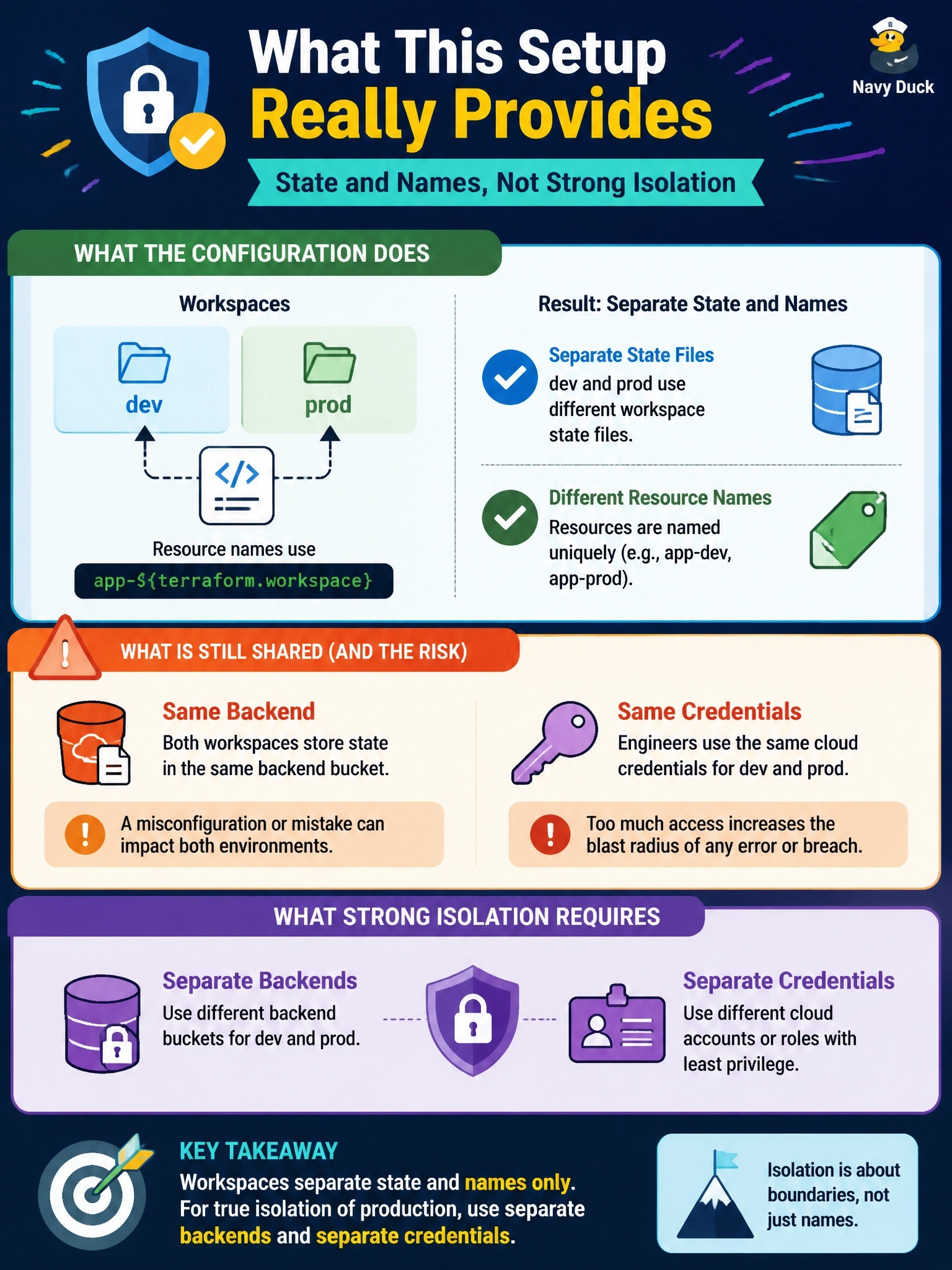 To Create an exciting colorful infographic that explains the concepts in the question: Question: A configuration uses CLI workspaces named dev and prod and builds resource names from the prefix app- followed by the interpolation of the current workspace name. Both workspaces store state in the same backend bucket, and engineers use the same cloud credentials for both. A security review asks whether this setup isolates production. What is the accurate assessment? Correct Answer: It separates state and names only; prod still shares the backend and credentials, so strong isolation needs separate backends and credentials Put EVERY visible label in double quotes. No people. No A/B/C/D letters. In one of the four corners put a little "Navy Duck".