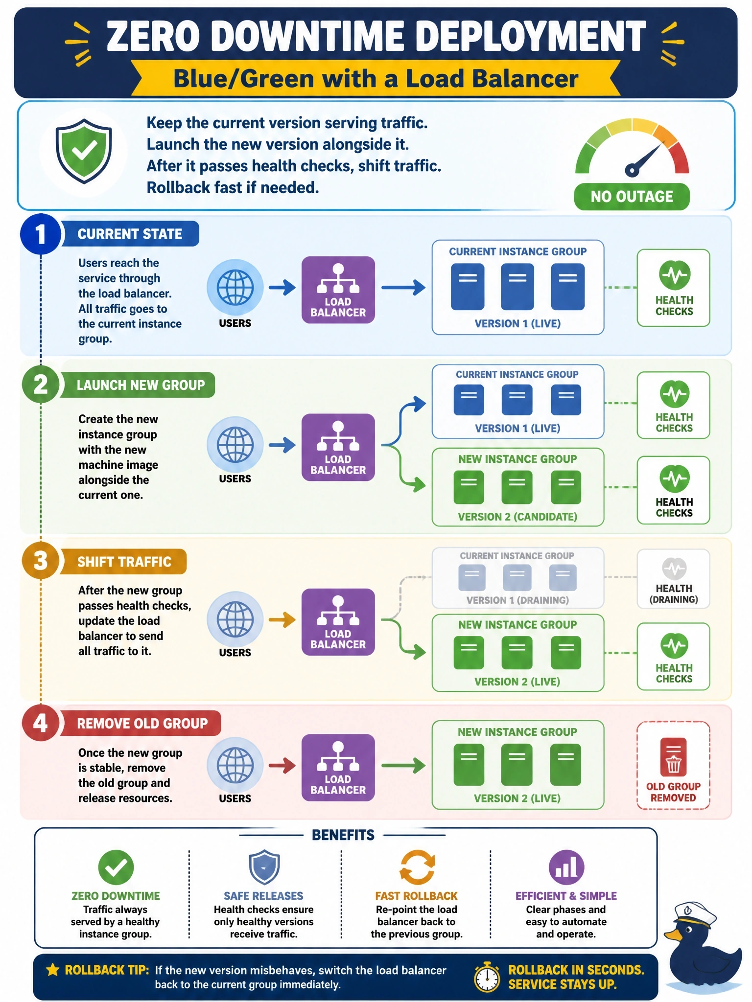 To Create an exciting colorful infographic that explains the concepts in the question: Question: A web service runs on instances behind a load balancer. A new machine image must be rolled out, and changing the image forces replacement of the instances. The release must not cause an outage, and rollback must be fast if the new version misbehaves. Which deployment strategy fits? Correct Answer: Create the new instance group alongside the current one, shift the load balancer to it once health checks pass, then remove the old group Put EVERY visible label in double quotes. No people. No A/B/C/D letters. In one of the four corners put a little "Navy Duck".