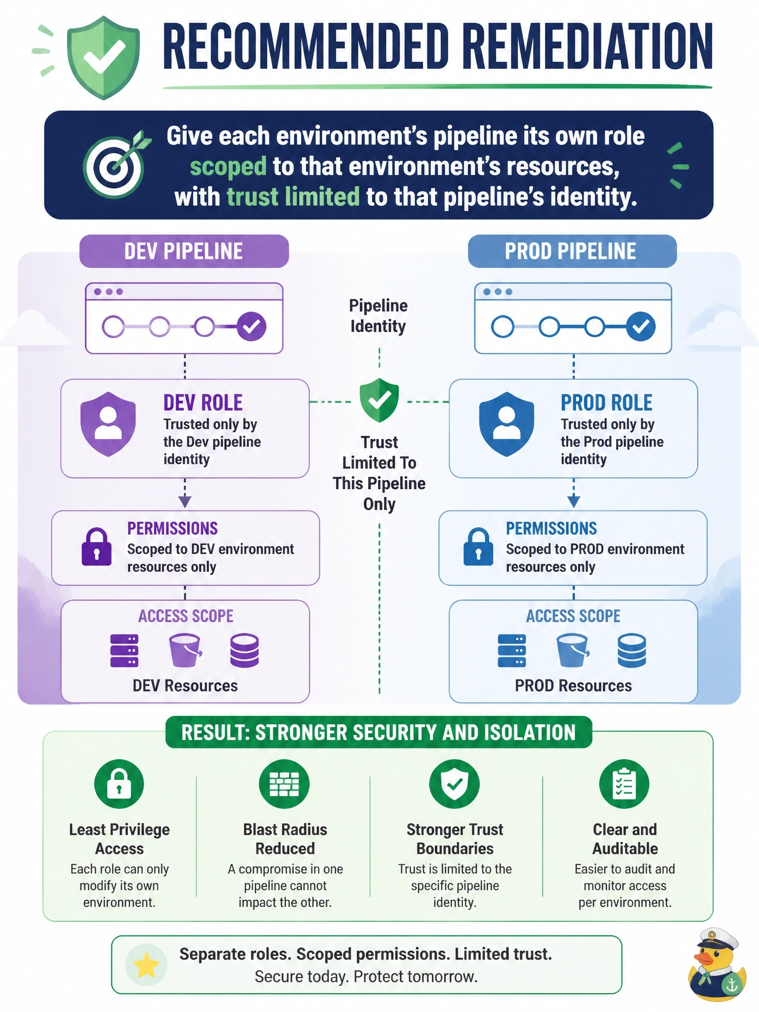 To Create an exciting colorful infographic that explains the concepts in the question: Question: A company's dev and prod Terraform pipelines both assume one cloud role with administrator permissions. A compromised job in the dev pipeline could therefore change production. What is the recommended remediation? Correct Answer: Give each environment's pipeline its own role scoped to that environment's resources, with trust limited to that pipeline's identity Put EVERY visible label in double quotes. No people. No A/B/C/D letters. In one of the four corners put a little "Navy Duck".