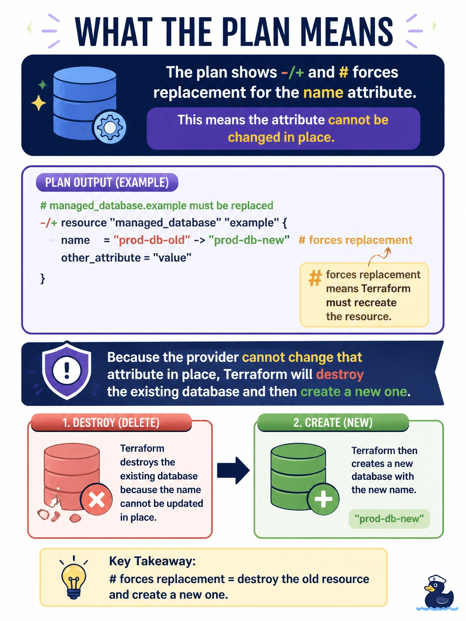 To Create an exciting colorful infographic that explains the concepts in the question: Question: An engineer changes the name argument on a production managed database resource to match a new naming standard. The plan marks the database with -/+ and shows # forces replacement beside the name attribute. What does the plan mean? Correct Answer: The provider cannot change that attribute in place, so Terraform will destroy the existing database and then create a new one Put EVERY visible label in double quotes. No people. No A/B/C/D letters. In one of the four corners put a little "Navy Duck".