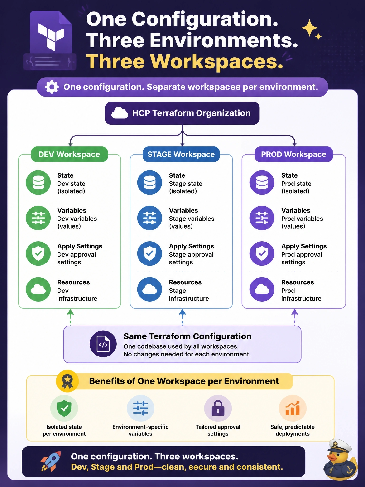 To Create an exciting colorful infographic that explains the concepts in the question: Question: One Terraform configuration for an order service must be deployed to dev, stage and prod in HCP Terraform. Each environment needs its own state, its own variable values and its own approval settings, while the code stays identical. How should the workspaces be organized? Correct Answer: Create one HCP Terraform workspace per environment, each using the same configuration with its own state, variables and apply settings Put EVERY visible label in double quotes. No people. No A/B/C/D letters. In one of the four corners put a little "Navy Duck".