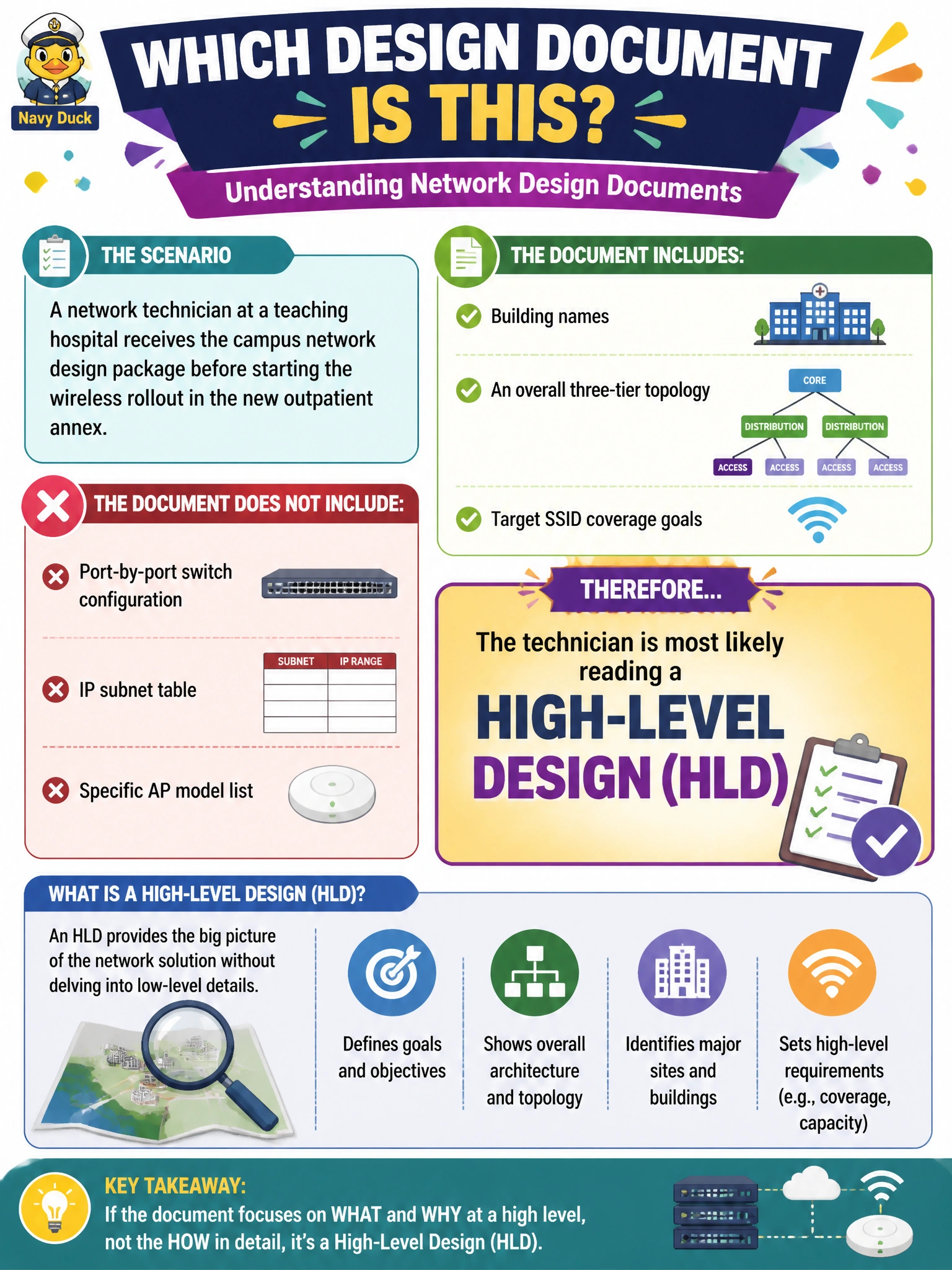 To Create an exciting colorful infographic that explains the concepts in the question: Question: A network technician at a teaching hospital receives the campus network design package before starting the wireless rollout in the new outpatient annex. The document lists building names, an overall three-tier topology, and target SSID coverage goals, but no port-by-port switch configuration, IP subnet table, or specific AP model list. Which type of design document is the technician most likely reading? Correct Answer: A high-level design (HLD) Put EVERY visible label in double quotes. No people. No A/B/C/D letters. In one of the four corners put a little "Navy Duck".