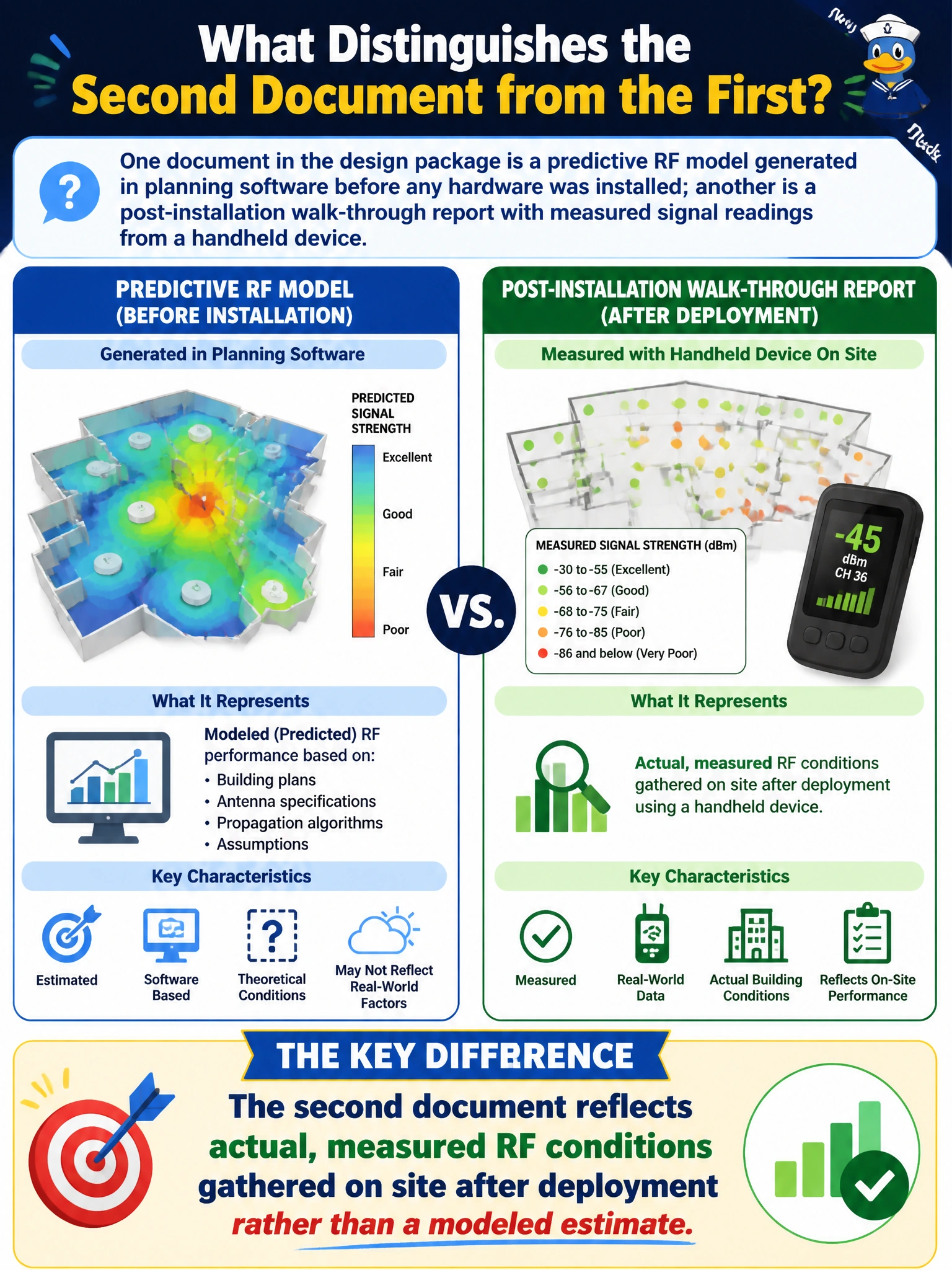 To Create an exciting colorful infographic that explains the concepts in the question: Question: One document in the design package is a predictive RF model generated in planning software before any hardware was installed; another is a post-installation walk-through report with measured signal readings from a handheld device. What distinguishes the second document from the first? Correct Answer: It reflects actual, measured RF conditions gathered on site after deployment rather than a modeled estimate Put EVERY visible label in double quotes. No people. No A/B/C/D letters. In one of the four corners put a little "Navy Duck".