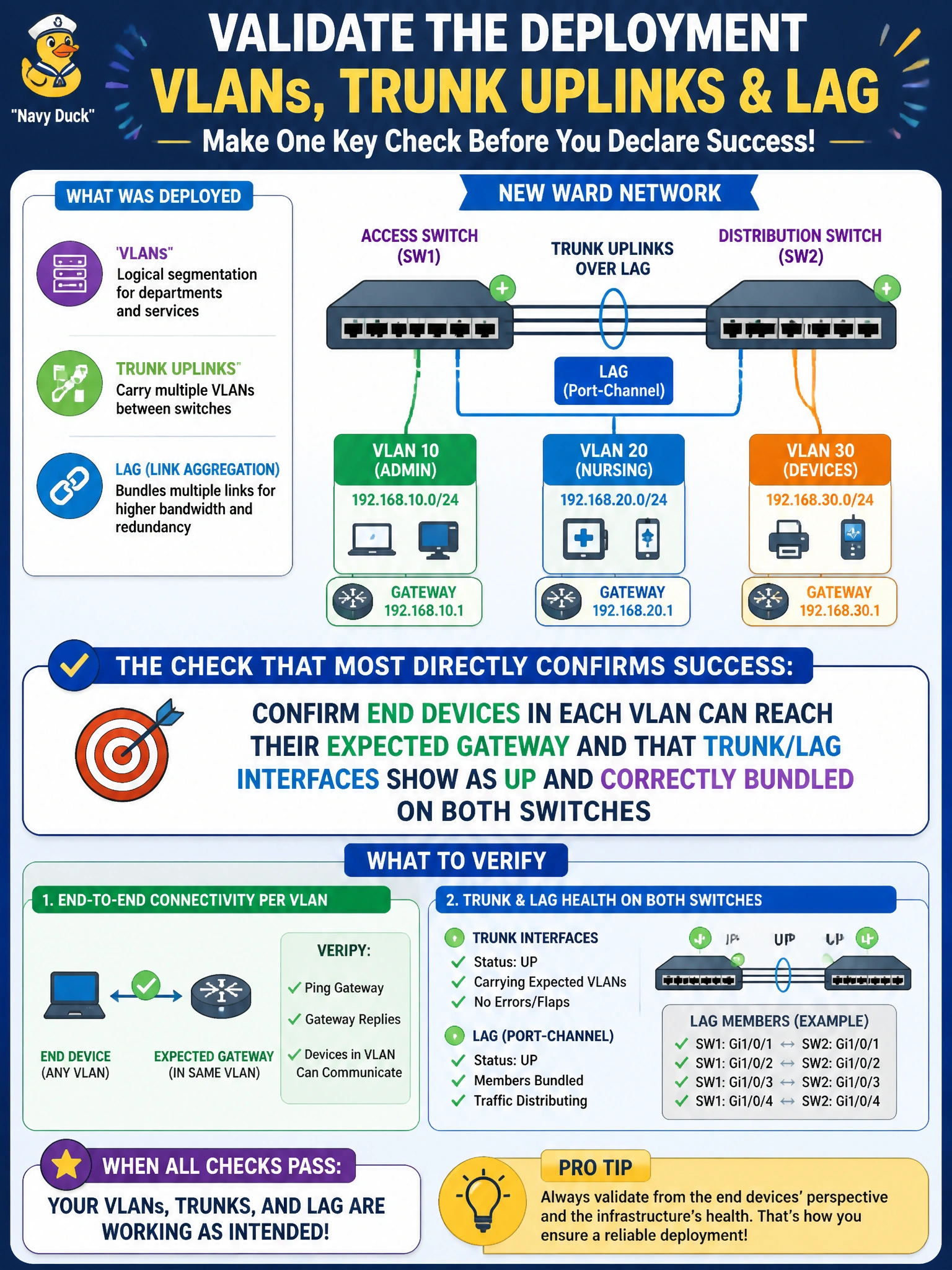 To Create an exciting colorful infographic that explains the concepts in the question: Question: After deploying VLANs, trunk uplinks, and a LAG for a newly built ward, the technician wants to validate the configuration before declaring the rollout complete. Which check most directly confirms the deployment is working as intended? Correct Answer: Confirm end devices in each VLAN can reach their expected gateway and that trunk/LAG interfaces show as up and correctly bundled on both switches Put EVERY visible label in double quotes. No people. No A/B/C/D letters. In one of the four corners put a little "Navy Duck".