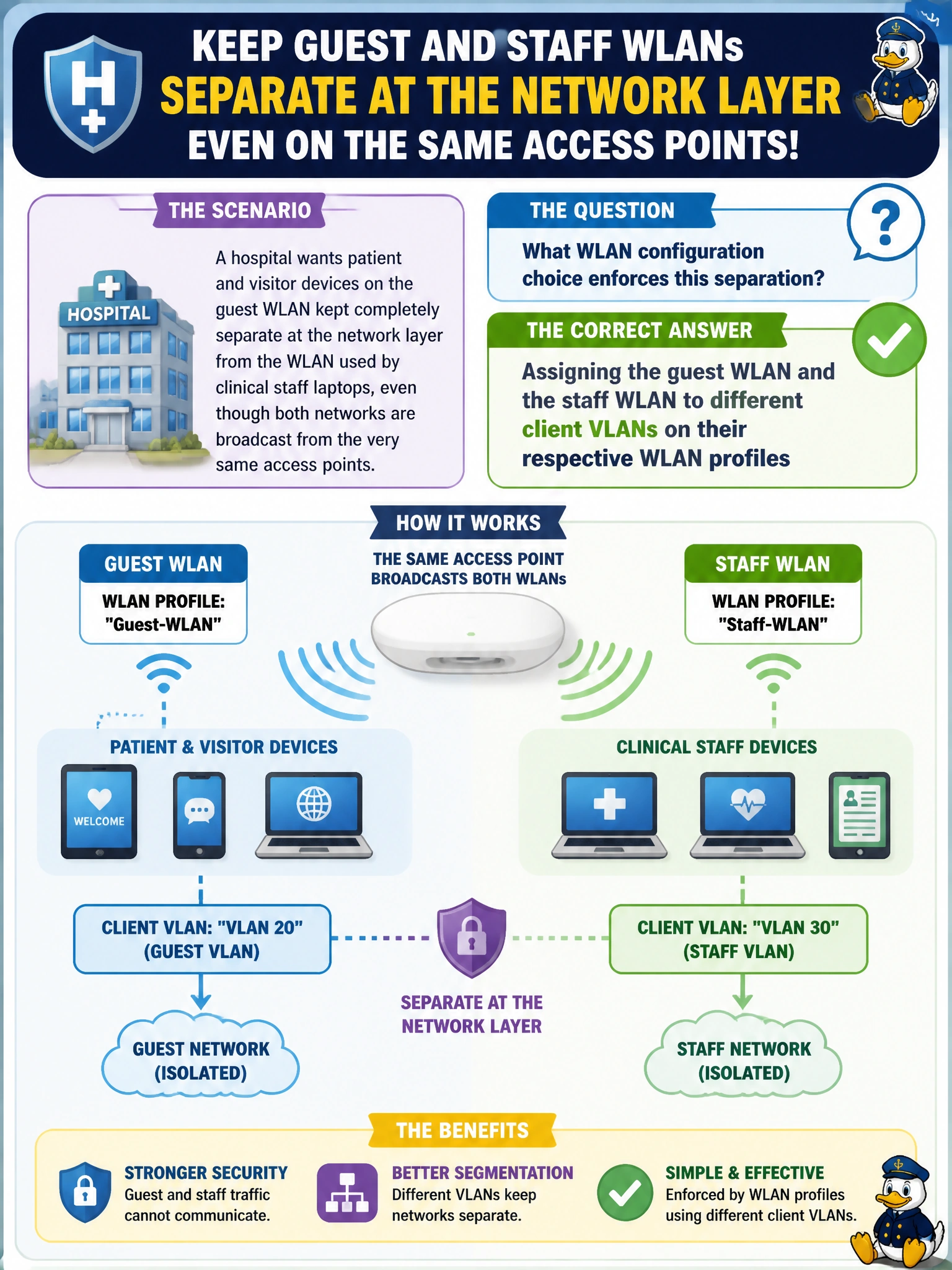 To Create an exciting colorful infographic that explains the concepts in the question: Question: A hospital wants patient and visitor devices on the guest WLAN kept completely separate at the network layer from the WLAN used by clinical staff laptops, even though both networks are broadcast from the very same access points. What WLAN configuration choice enforces this separation? Correct Answer: Assigning the guest WLAN and the staff WLAN to different client VLANs on their respective WLAN profiles Put EVERY visible label in double quotes. No people. No A/B/C/D letters. In one of the four corners put a little "Navy Duck".