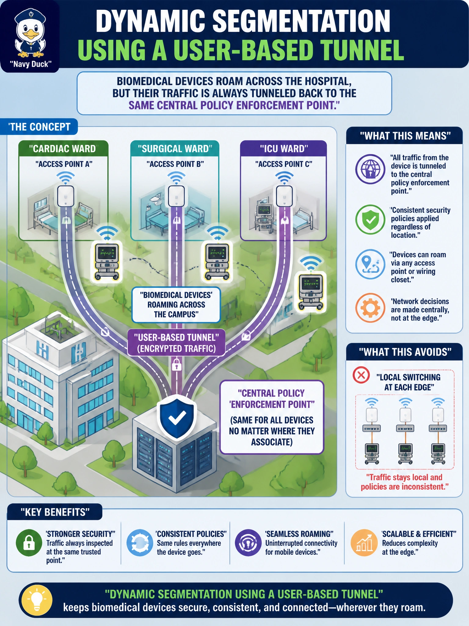 To Create an exciting colorful infographic that explains the concepts in the question: Question: Biomedical devices roam between wards on the hospital campus, but the security team wants their traffic to always be tunneled back to the same central policy enforcement point no matter which access point or wiring closet they associate through, rather than being switched locally at each edge. Which concept describes this approach? Correct Answer: Dynamic segmentation using a user-based tunnel Put EVERY visible label in double quotes. No people. No A/B/C/D letters. In one of the four corners put a little "Navy Duck".