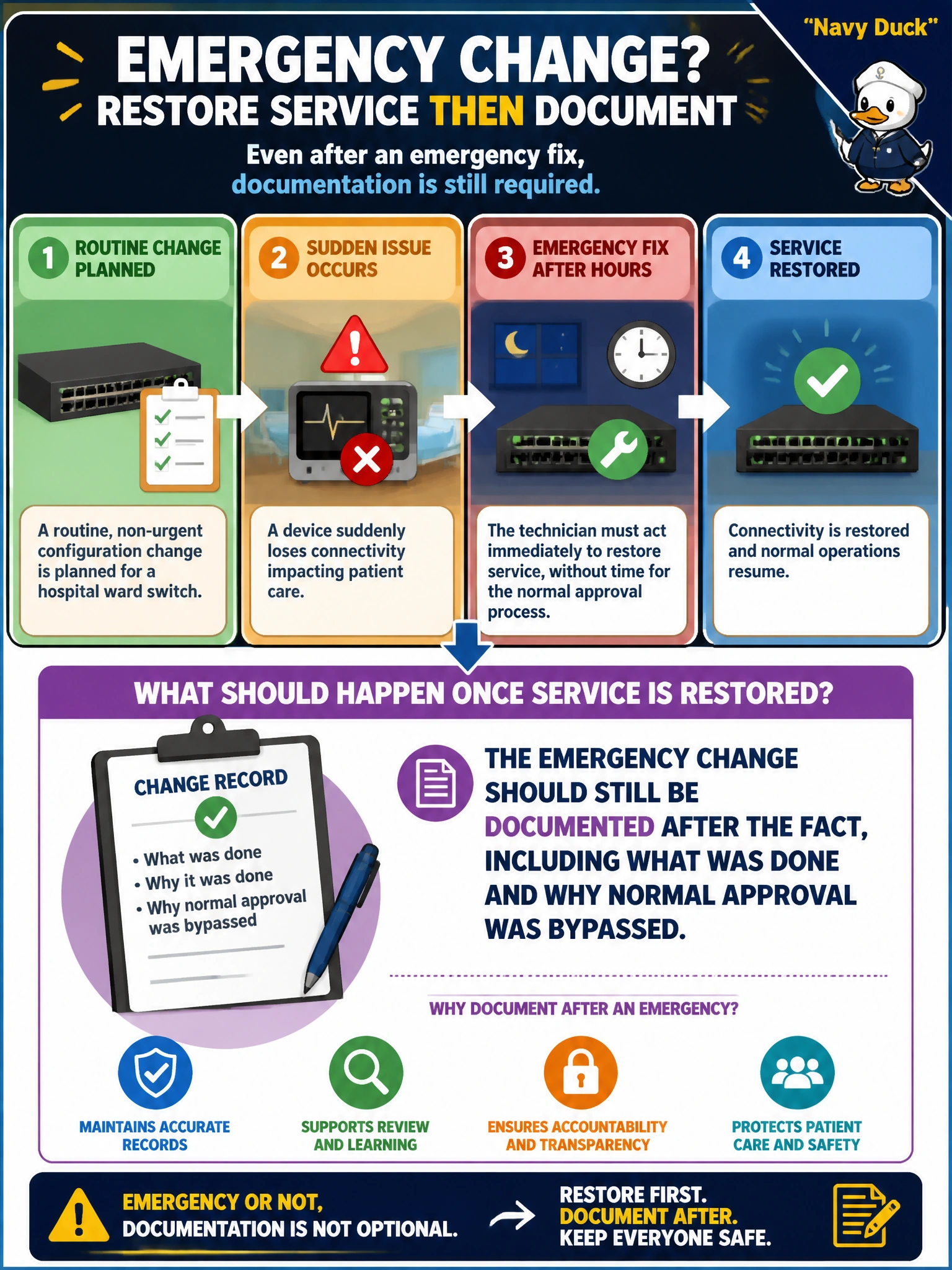To Create an exciting colorful infographic that explains the concepts in the question: Question: A routine, non-urgent configuration change on a hospital ward switch turns into an emergency fix after hours because a device suddenly loses connectivity and the technician has to act immediately, without time for the normal approval process. What should happen once service is restored? Correct Answer: The emergency change should still be documented after the fact, including what was done and why normal approval was bypassed Put EVERY visible label in double quotes. No people. No A/B/C/D letters. In one of the four corners put a little "Navy Duck".