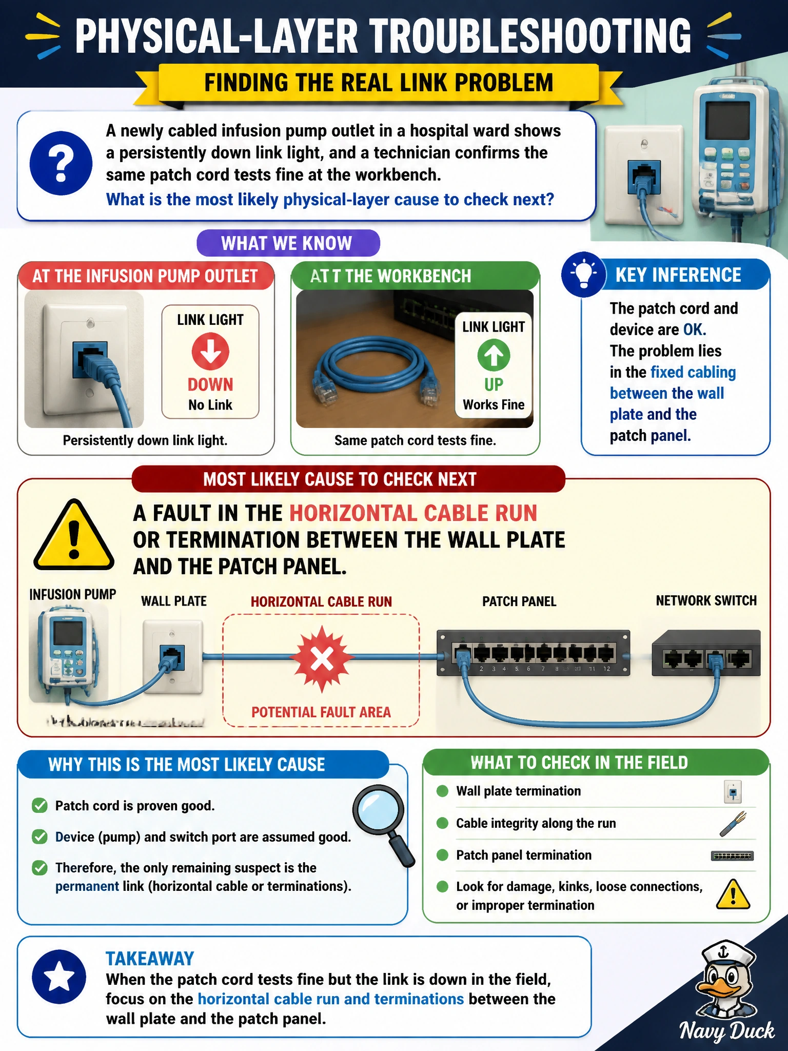 To Create an exciting colorful infographic that explains the concepts in the question: Question: A newly cabled infusion pump outlet in a hospital ward shows a persistently down link light, and a technician confirms the same patch cord tests fine at the workbench. What is the most likely physical-layer cause to check next? Correct Answer: A fault in the horizontal cable run or termination between the wall plate and the patch panel. Put EVERY visible label in double quotes. No people. No A/B/C/D letters. In one of the four corners put a little "Navy Duck".