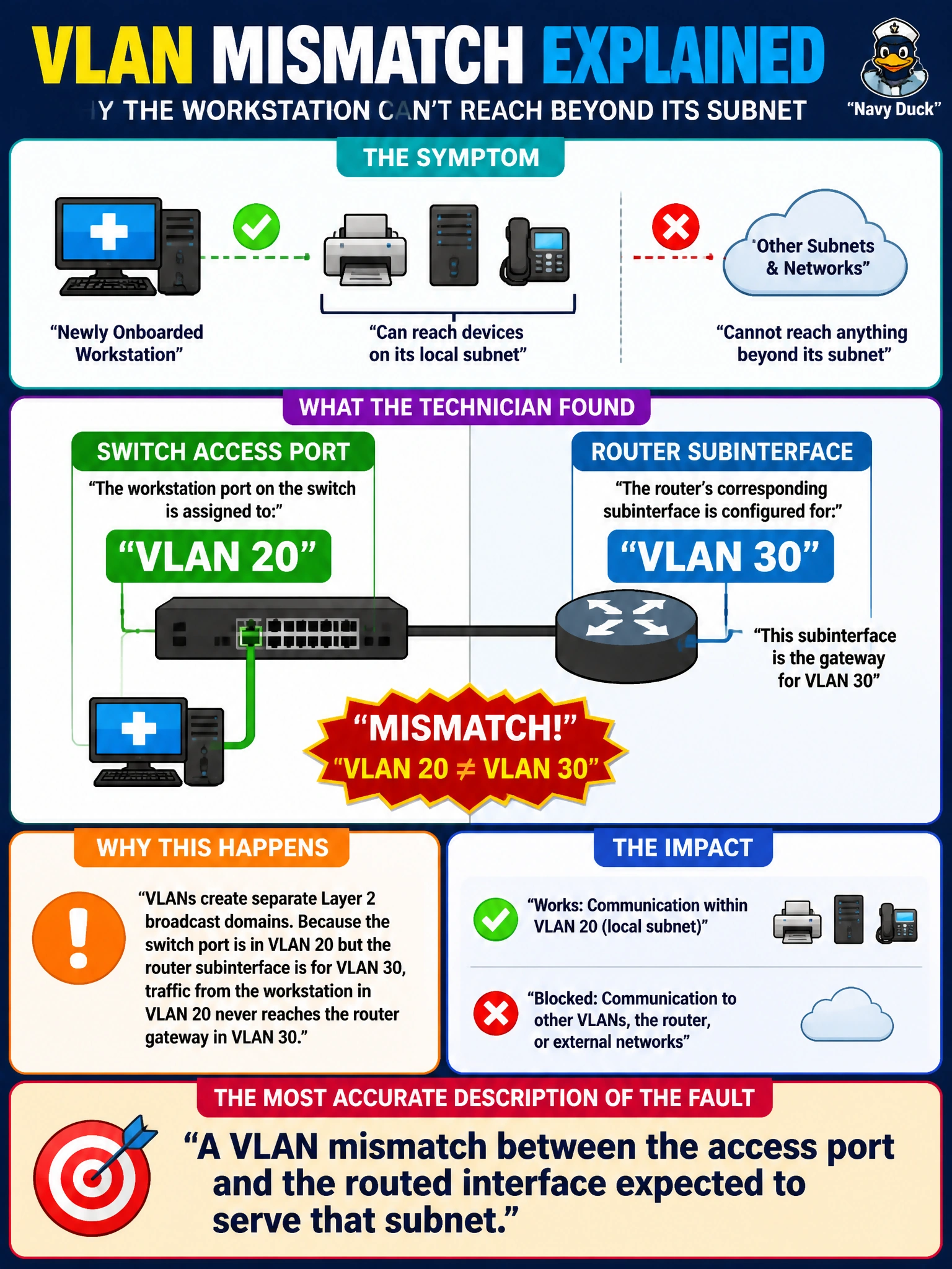 To Create an exciting colorful infographic that explains the concepts in the question: Question: A newly onboarded workstation in a hospital billing office can reach devices on its local subnet but cannot reach anything beyond it, and the technician confirms the switch port is assigned to VLAN 20 while the router's corresponding subinterface is configured for VLAN 30. What is the most accurate description of this fault? Correct Answer: A VLAN mismatch between the access port and the routed interface expected to serve that subnet. Put EVERY visible label in double quotes. No people. No A/B/C/D letters. In one of the four corners put a little "Navy Duck".