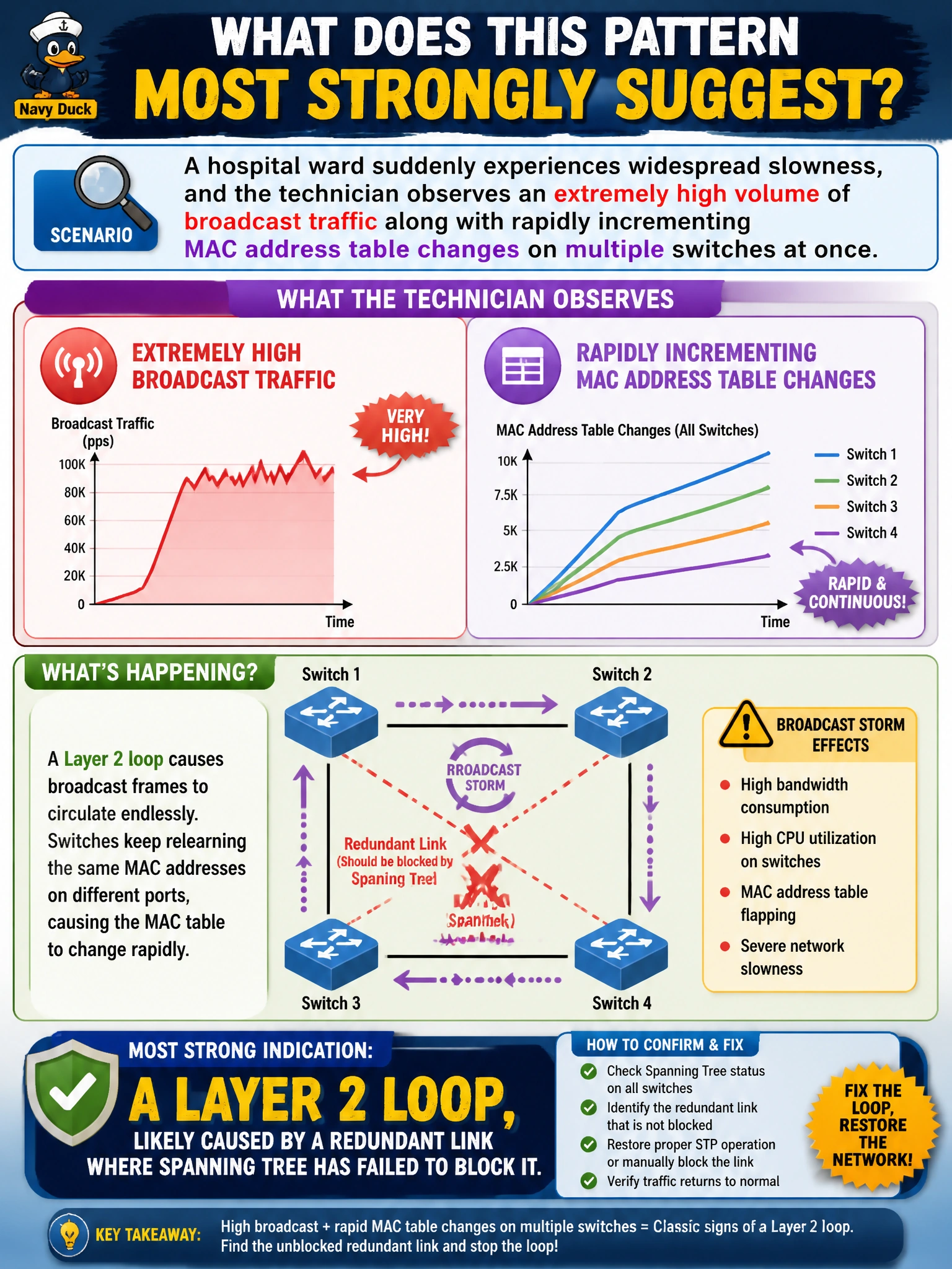 To Create an exciting colorful infographic that explains the concepts in the question: Question: A hospital ward suddenly experiences widespread slowness, and the technician observes an extremely high volume of broadcast traffic along with rapidly incrementing MAC address table changes on multiple switches at once. What condition does this pattern most strongly suggest? Correct Answer: A Layer 2 loop, likely caused by a redundant link where spanning tree has failed to block it. Put EVERY visible label in double quotes. No people. No A/B/C/D letters. In one of the four corners put a little "Navy Duck".