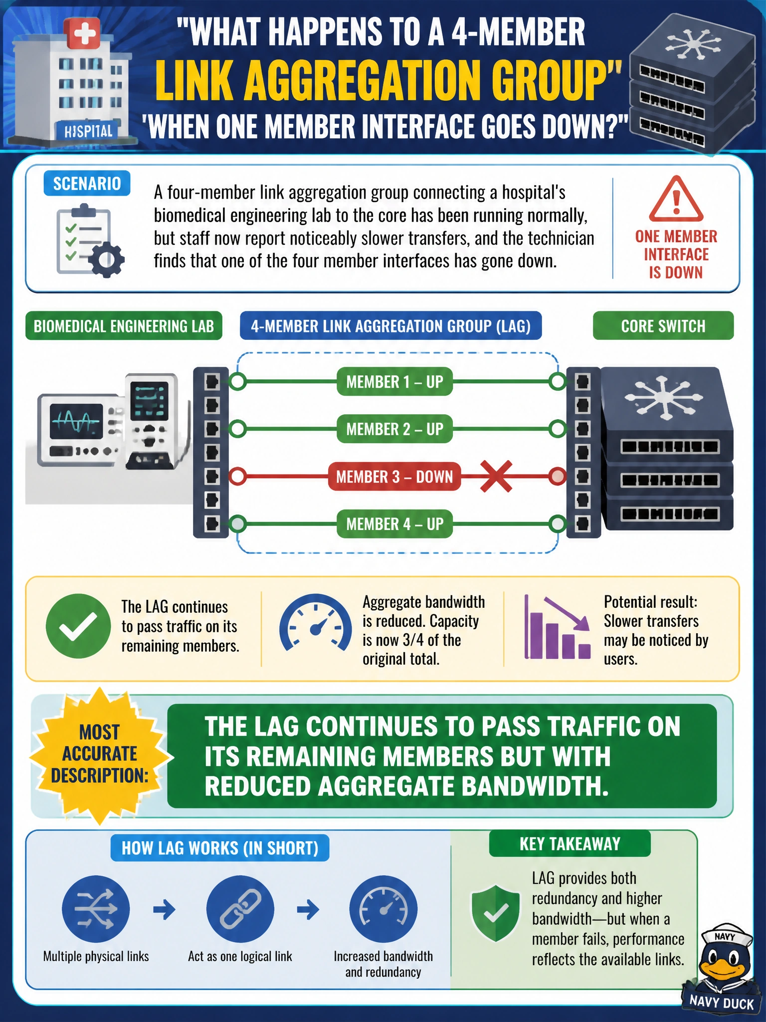 To Create an exciting colorful infographic that explains the concepts in the question: Question: A four-member link aggregation group connecting a hospital's biomedical engineering lab to the core has been running normally, but staff now report noticeably slower transfers, and the technician finds that one of the four member interfaces has gone down. What is the most accurate description of the resulting condition? Correct Answer: The LAG continues to pass traffic on its remaining members but with reduced aggregate bandwidth. Put EVERY visible label in double quotes. No people. No A/B/C/D letters. In one of the four corners put a little "Navy Duck".