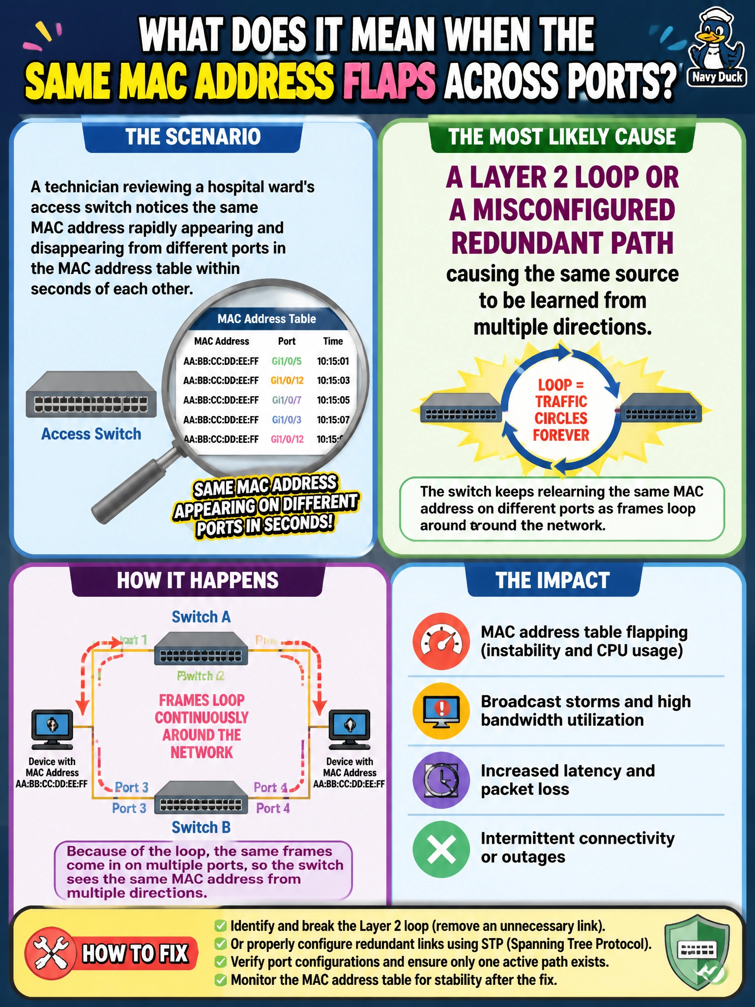 To Create an exciting colorful infographic that explains the concepts in the question: Question: A technician reviewing a hospital ward's access switch notices the same MAC address rapidly appearing and disappearing from different ports in the MAC address table within seconds of each other. What does this behavior most likely indicate? Correct Answer: A Layer 2 loop or a misconfigured redundant path causing the same source to be learned from multiple directions. Put EVERY visible label in double quotes. No people. No A/B/C/D letters. In one of the four corners put a little "Navy Duck".
