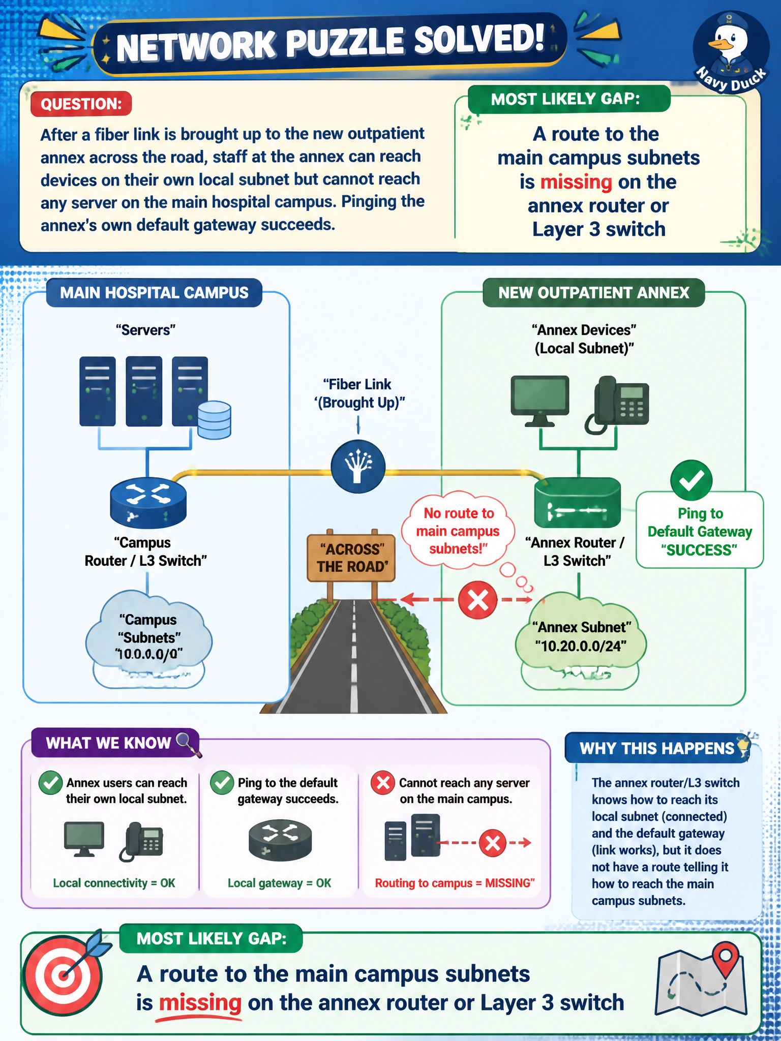 To Create an exciting colorful infographic that explains the concepts in the question: Question: After a fiber link is brought up to the new outpatient annex across the road, staff at the annex can reach devices on their own local subnet but cannot reach any server on the main hospital campus. Pinging the annex's own default gateway succeeds. What is the most likely gap? Correct Answer: A route to the main campus subnets is missing on the annex router or Layer 3 switch Put EVERY visible label in double quotes. No people. No A/B/C/D letters. In one of the four corners put a little "Navy Duck".